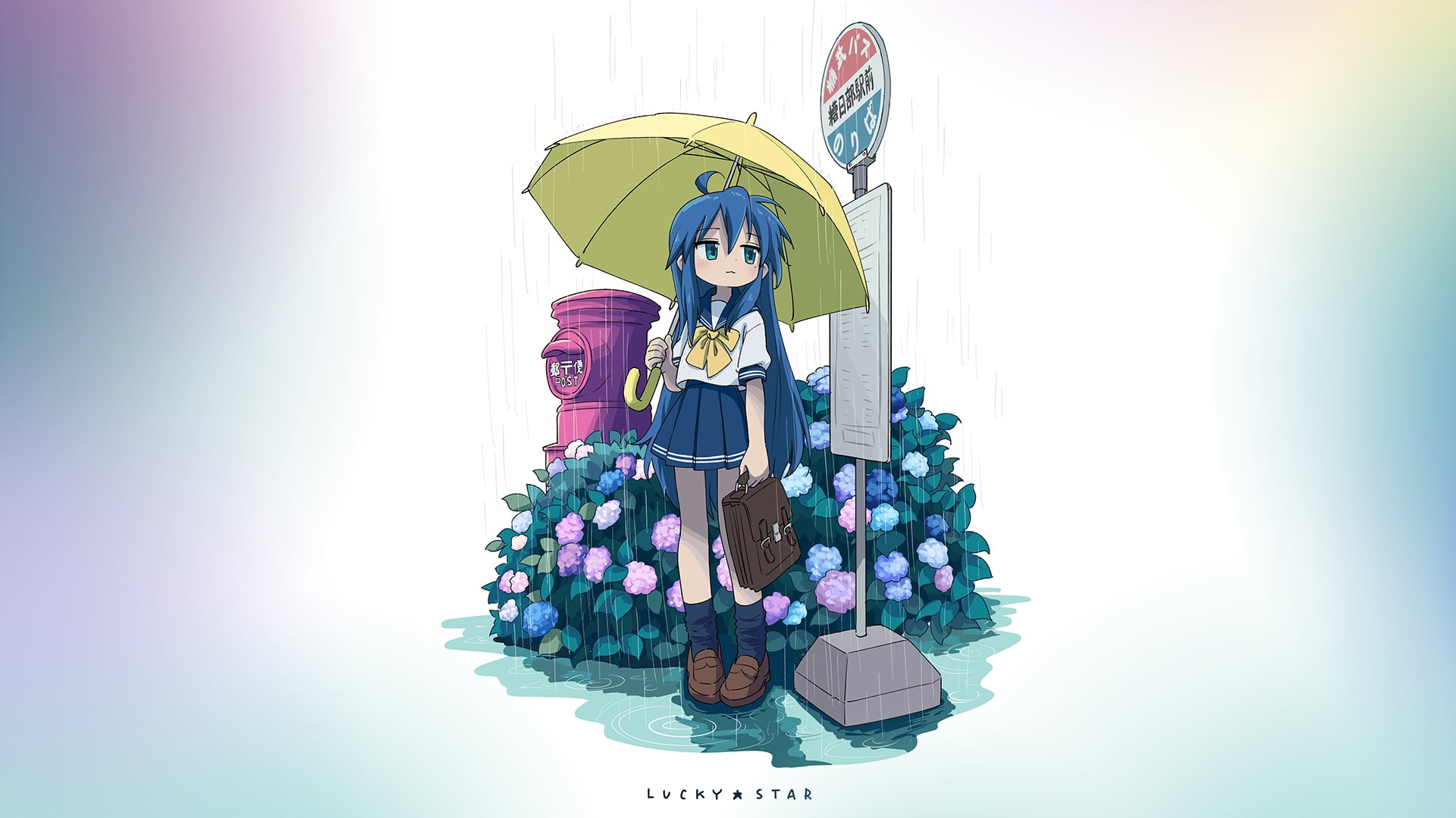 1080P, bus stop, Izumi Konata, school uniform, rain, HD Wallpaper
