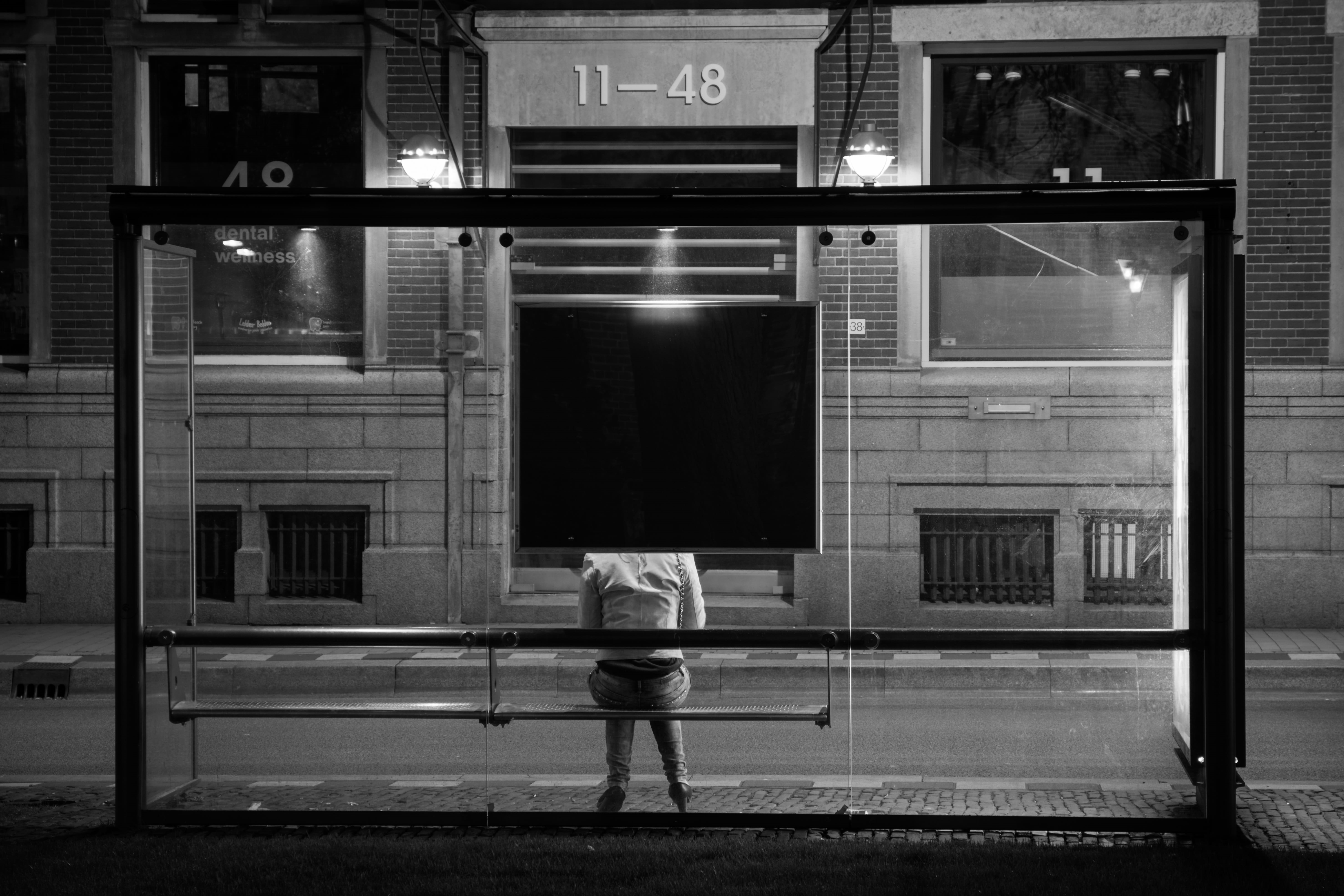 woman, bus stop, built structure, window, transportation, women, night, nighttime, building exterior, bench, bus, full length, public transport, outdoors, HD Wallpaper