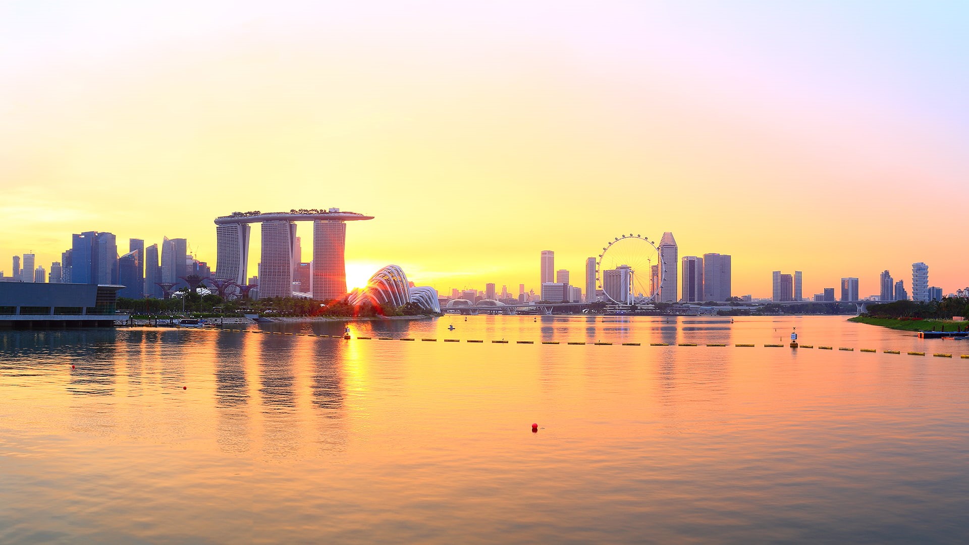 singapore, hd, wheel, cityscape, 1080P, ocean, ferris, buildings, sunset, HD Wallpaper