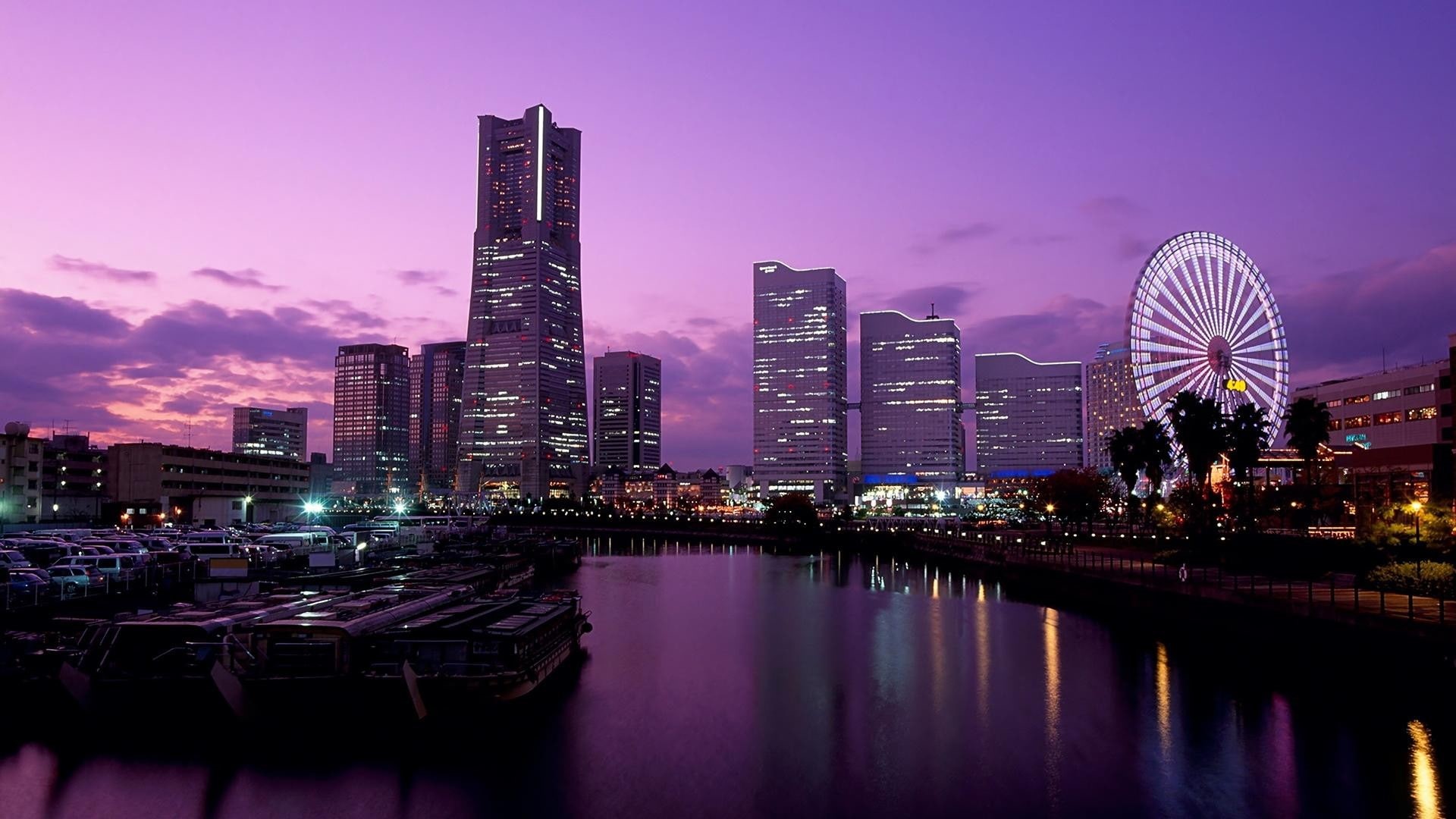 cityscape, purple sky, city, 1080P, Tokyo, sunset, ferris wheel, HD Wallpaper