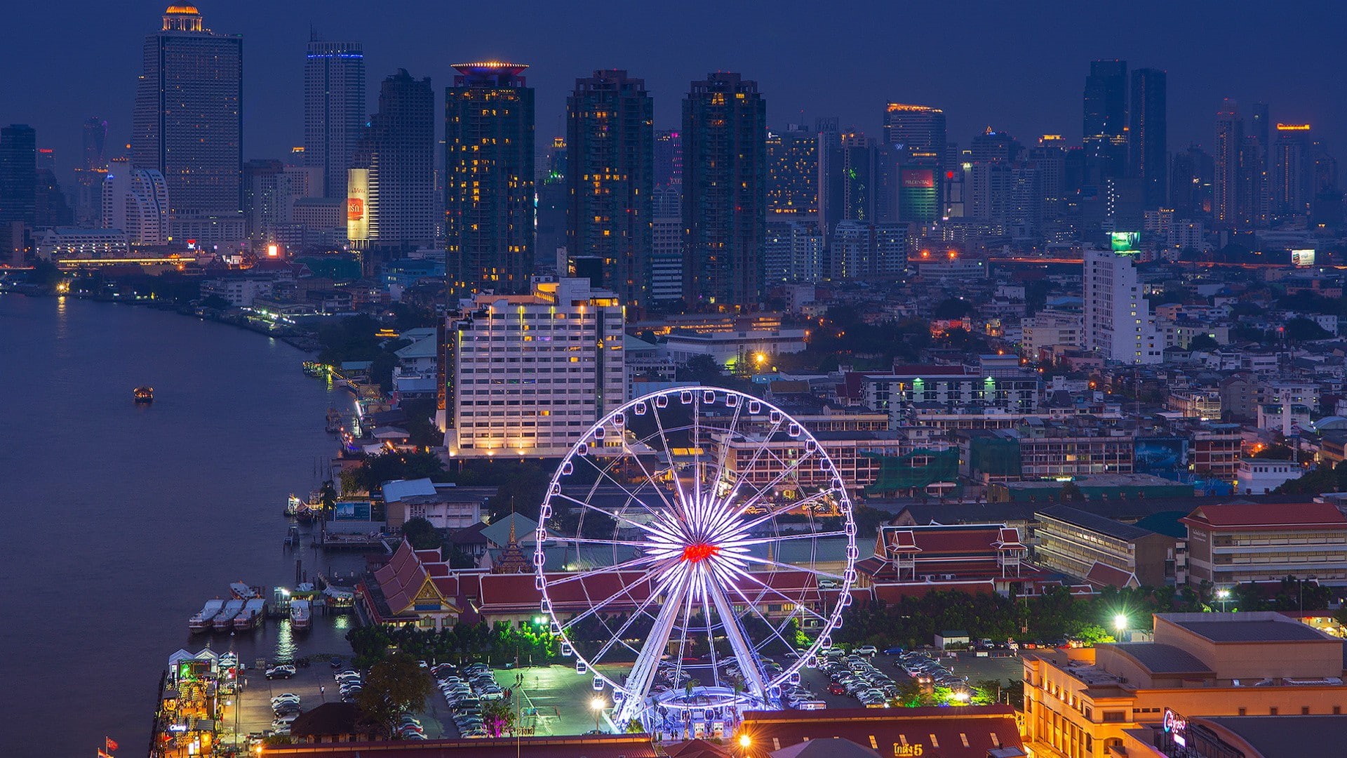 modern, amusement park ride, residential district, city life, ferris wheel, travel destinations, illuminated, built structure, 1080P, financial district, HD Wallpaper