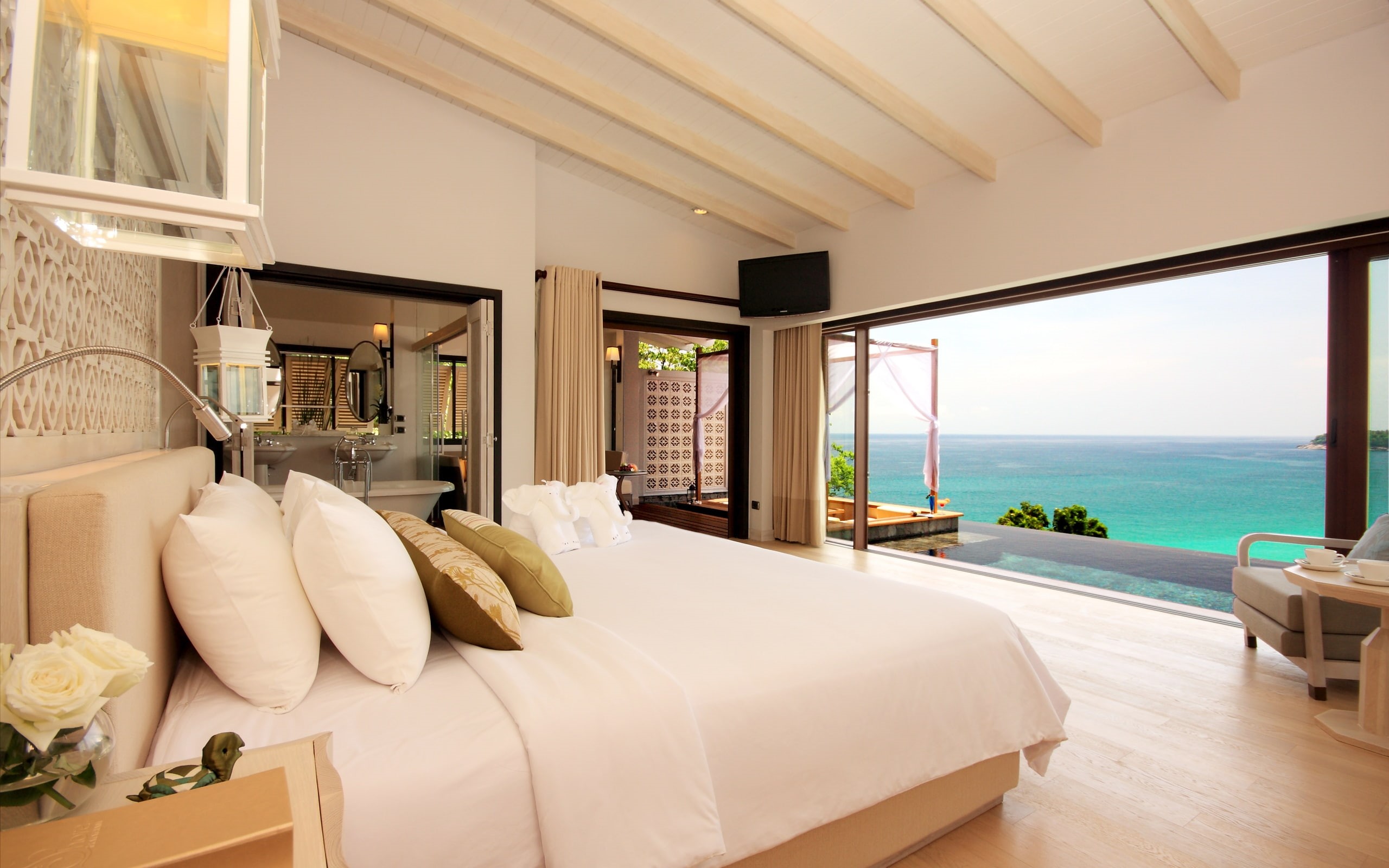 bed, sofa, landscape, set, sea, furniture, window, bedroom, 2K, water, hotel, luxury, room, HD Wallpaper