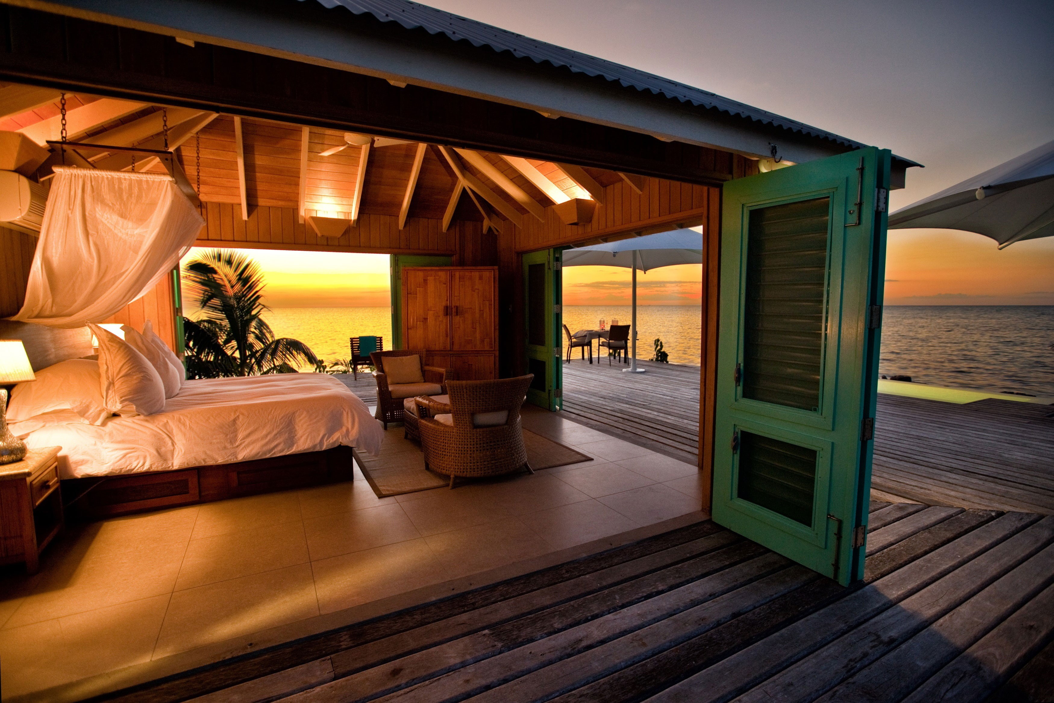 furniture, bedroom, indoors, nature, no people, wealth, luxury, absence, tranquility, sea, water, bungalow, sky, modern, tropical, 2K, hotel, architecture, HD Wallpaper