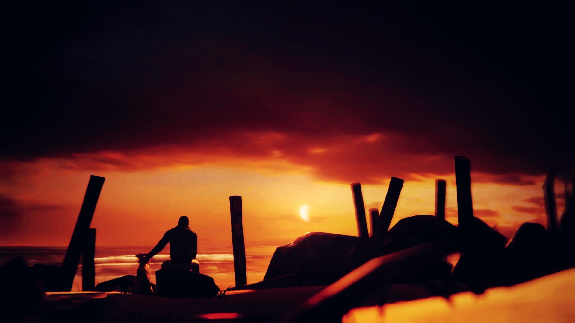 orange color, 1080P, sky, silhouette, beauty in nature, men, mode of transportation, women, architecture, outdoors, people, sunset, nature, two people, HD Wallpaper