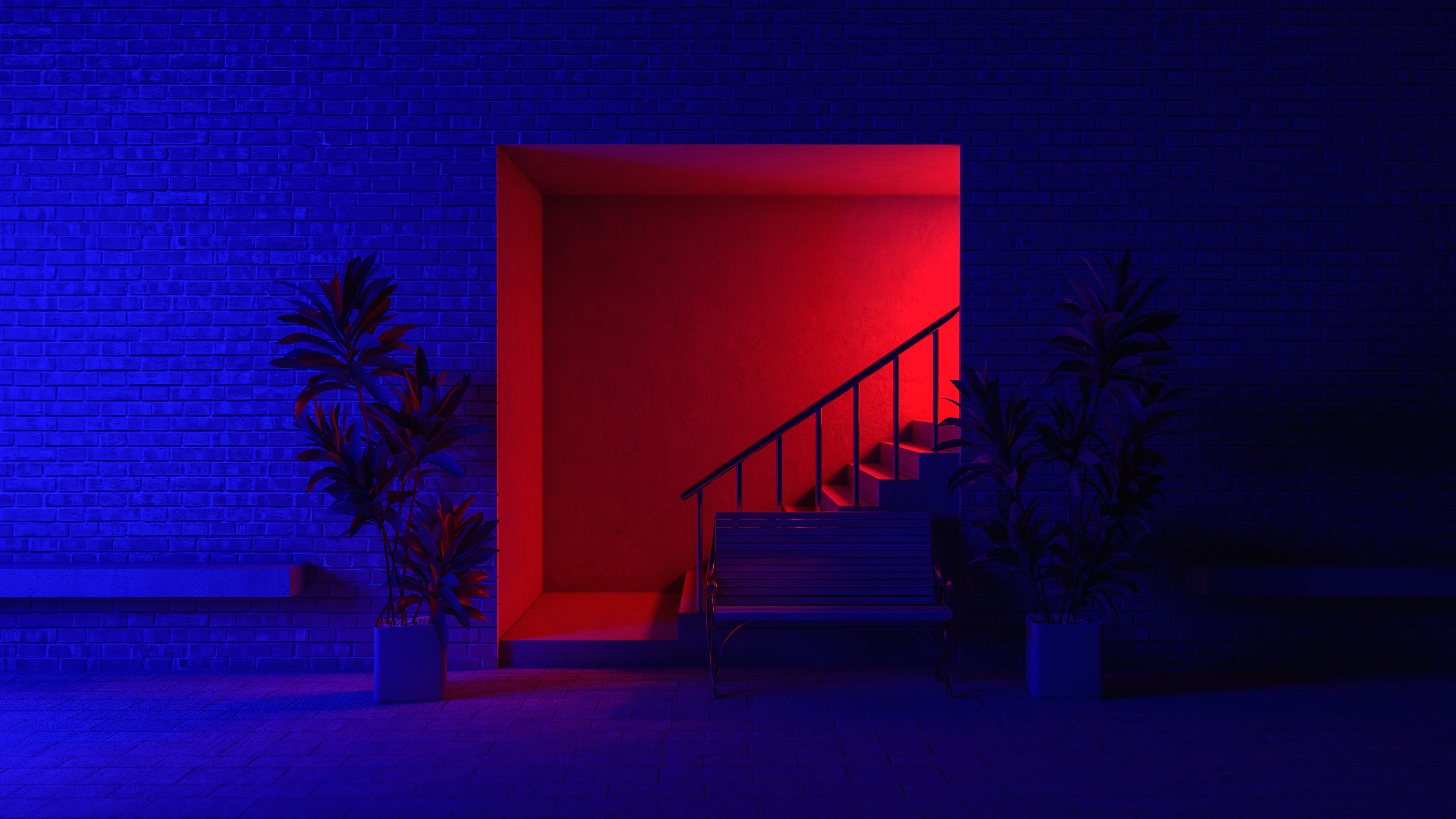 interior, red, stairs, CGI, neon, digital art, interior design, plants, architecture, render, blue, bench, bricks, 4K, HD Wallpaper