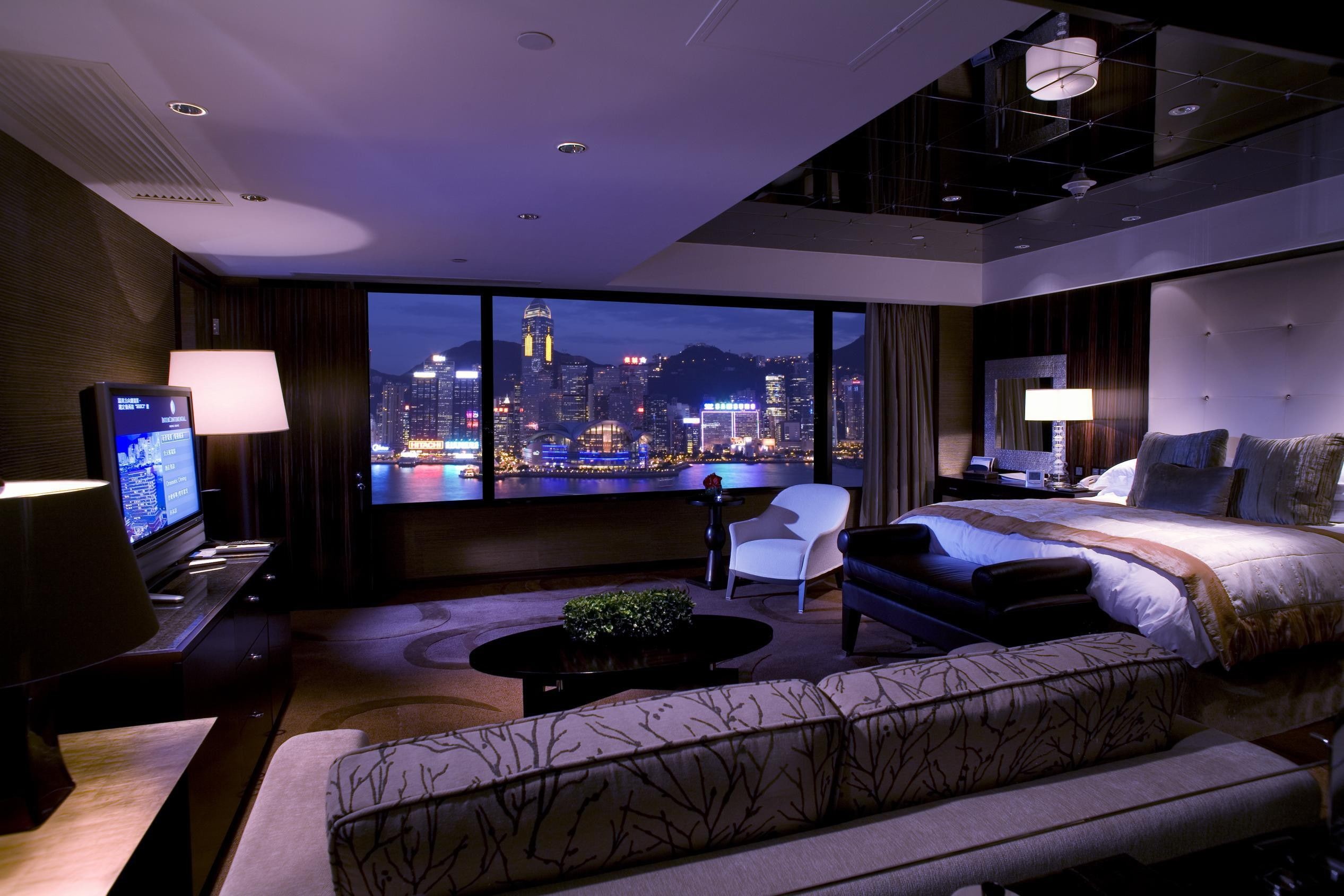 bed, bedroom, sofa, 1080P, Lamp, city, TV, interior, curtains, bedrom, window, HD Wallpaper
