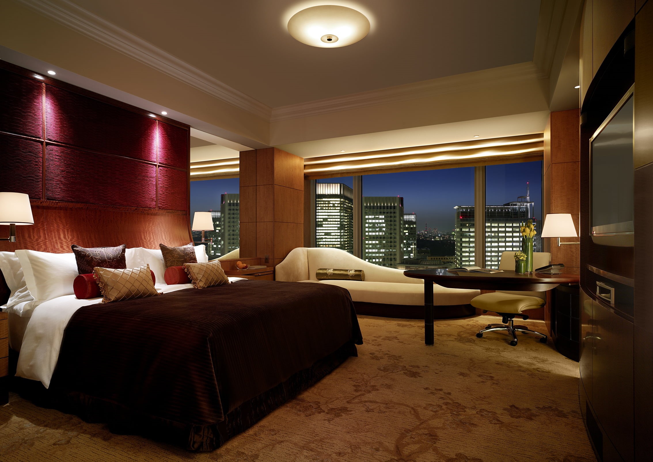 bed, carpet - Decor, decor, the city, modern, comfortable, cushion, design, brown, apartment, illuminated, armchair, sofa, residential Building, 1080P, HD Wallpaper