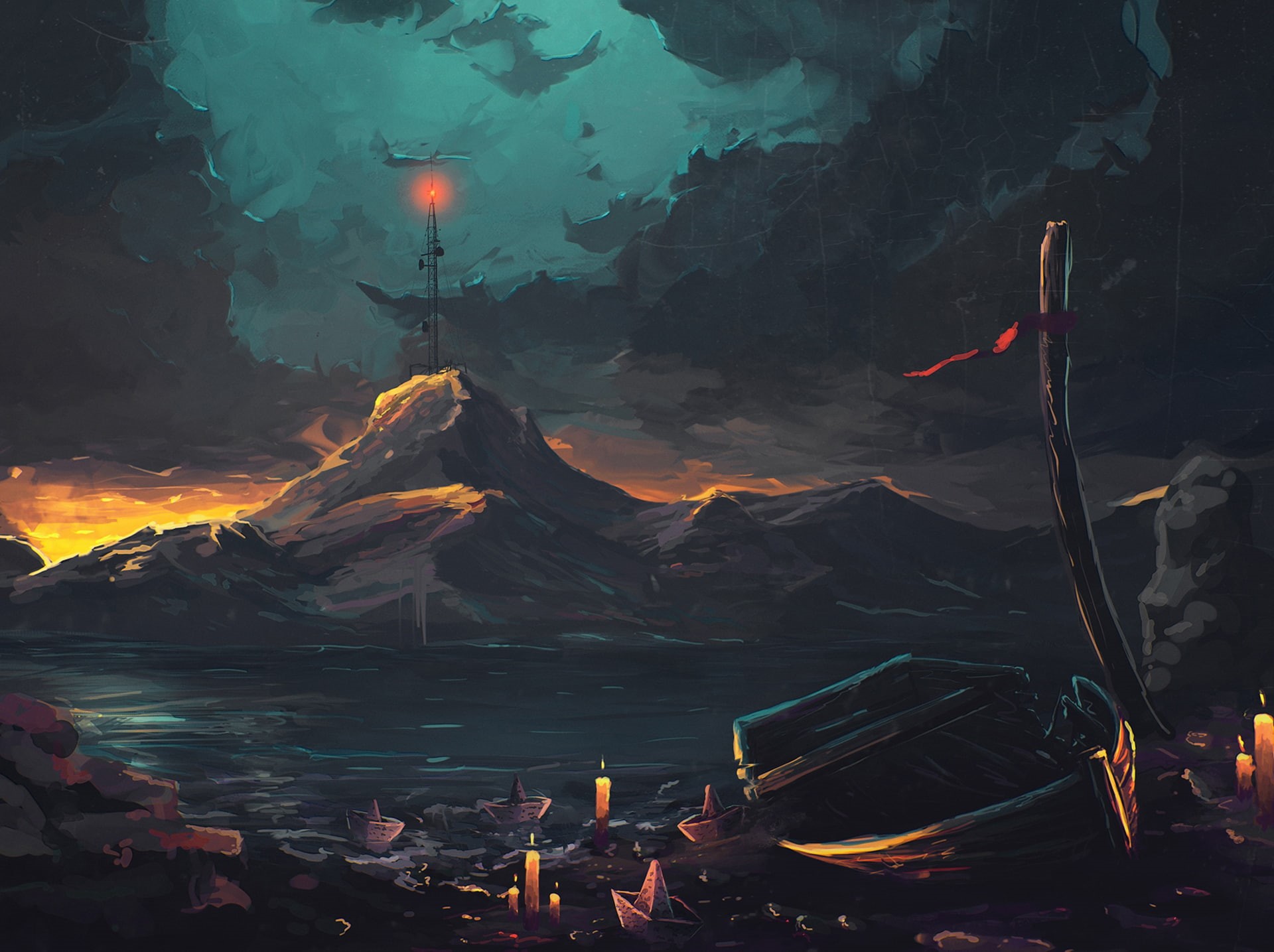 antenna, boat, art, 1080P, tower, water, candles, shore, HD Wallpaper