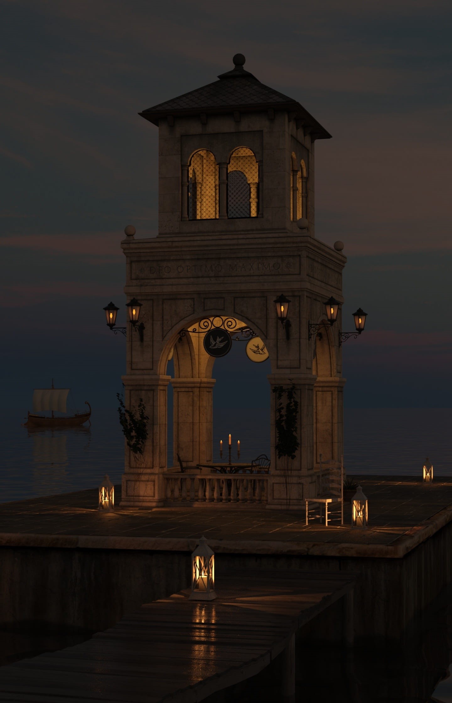 architecture, no people, tourism, water, decoration, Romantic, tower, oasis, sunset, sea, evening, twilight, building, dusk, Dinner, travel destinations, Phone HD Wallpaper