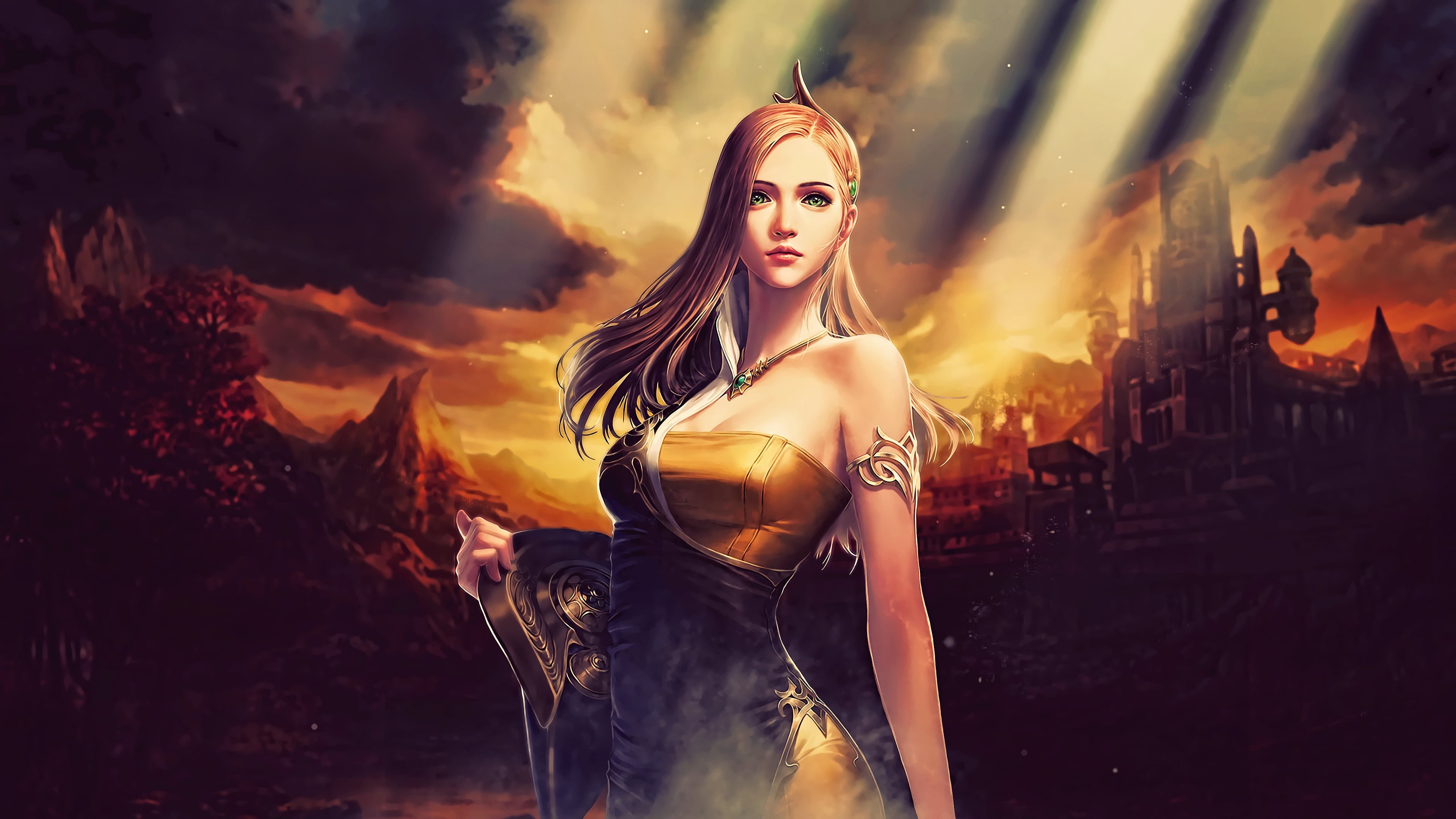looking at camera, video games, artwork, cabal, hair, sunset, fantasy art, sun rays, green eyes, portrait, one person, sky, waist up, mountains, outdoors, HD Wallpaper