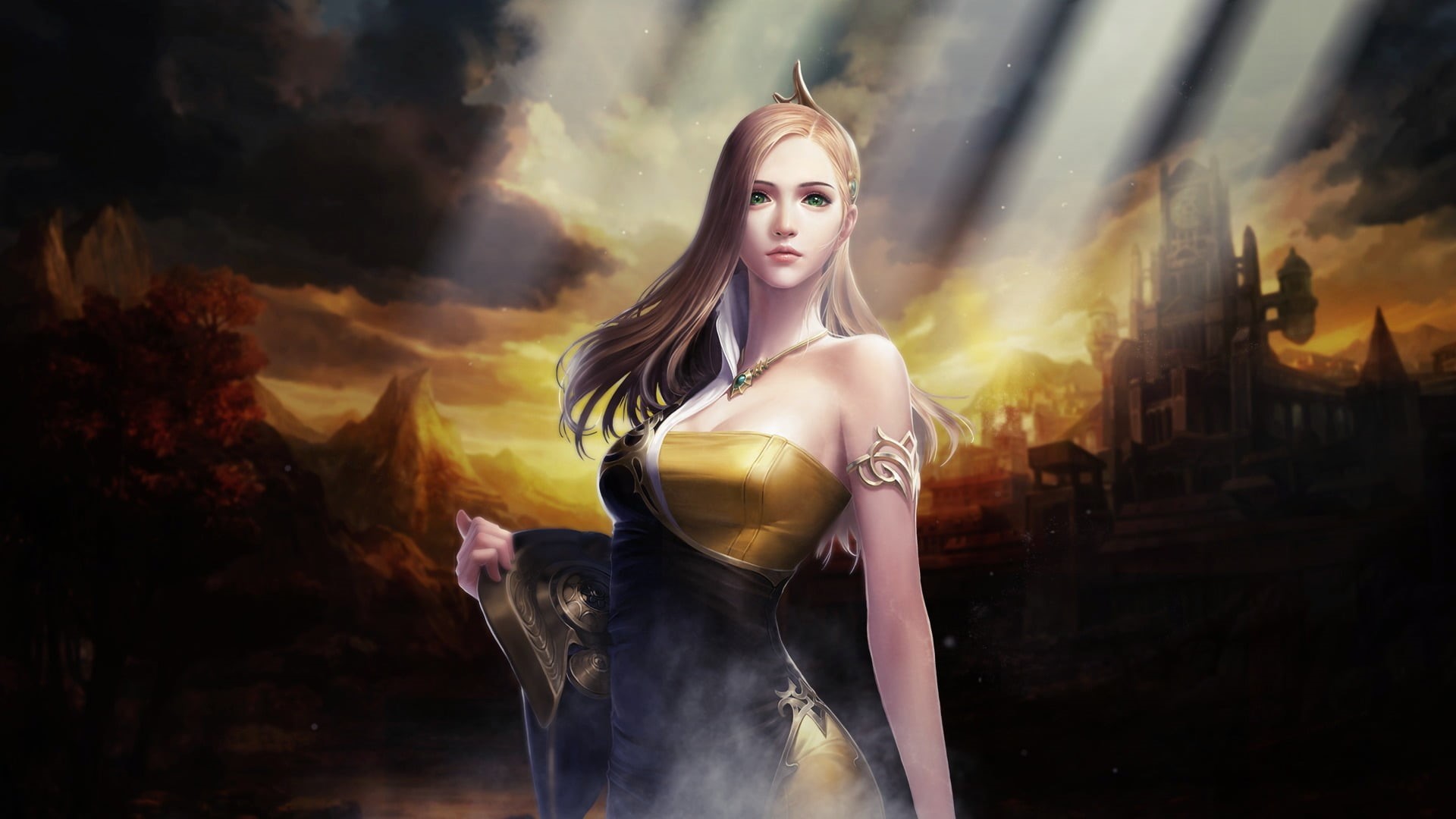 hair, standing, video games, sunset, adult, cabal, beautiful woman, hairstyle, Cabal II, mountains, young women, beauty, dress, castle, long hair, young adult, HD Wallpaper