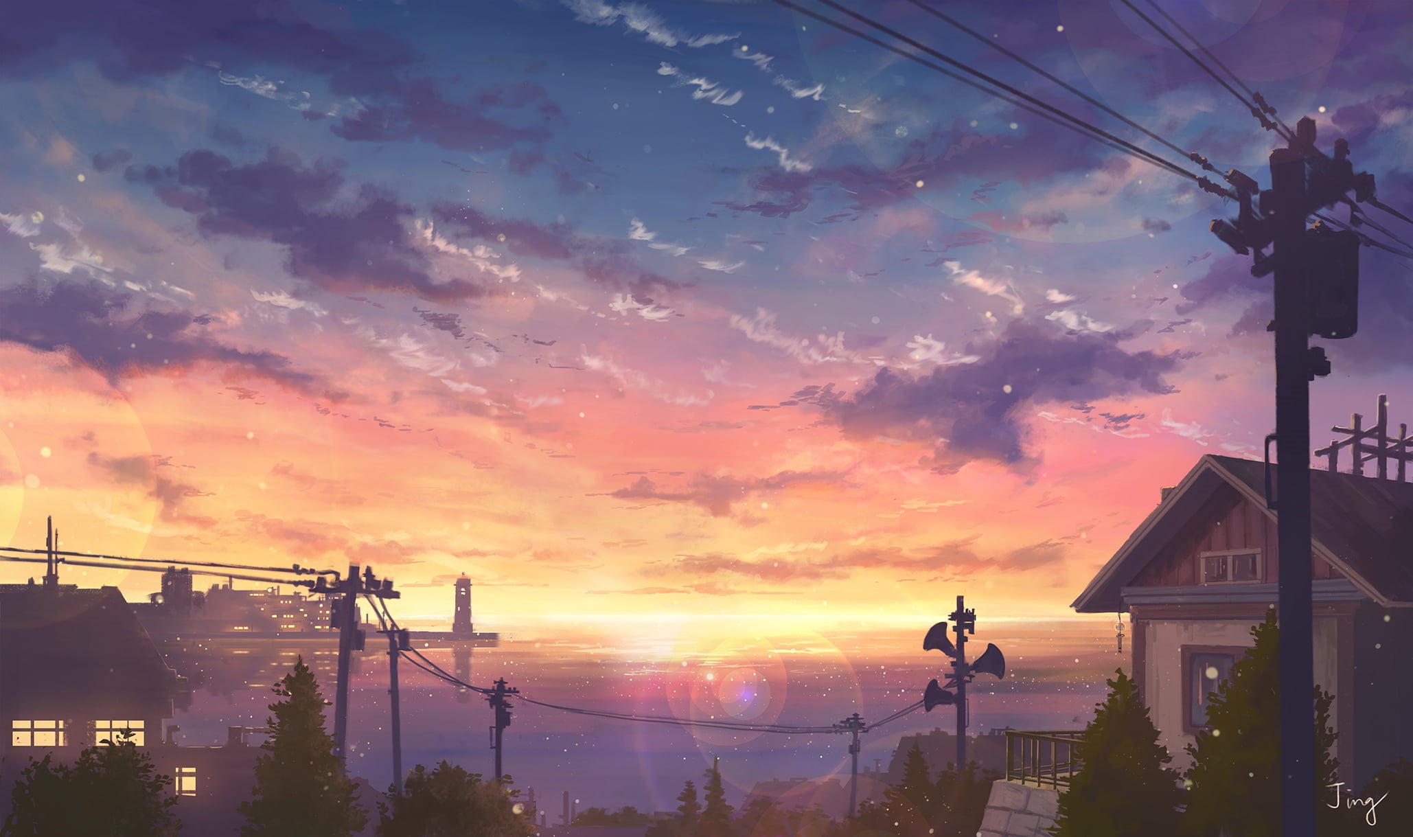 Sunset, 1080P, Ocean, Anime, Town, Original, HD Wallpaper