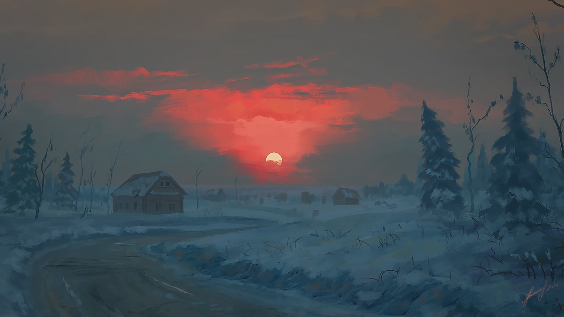 built structure, town, tree, digital art, painting, architecture, winter, beauty in nature, 1080P, no people, sky, sunset, evening, tranquil scene, tranquility, HD Wallpaper