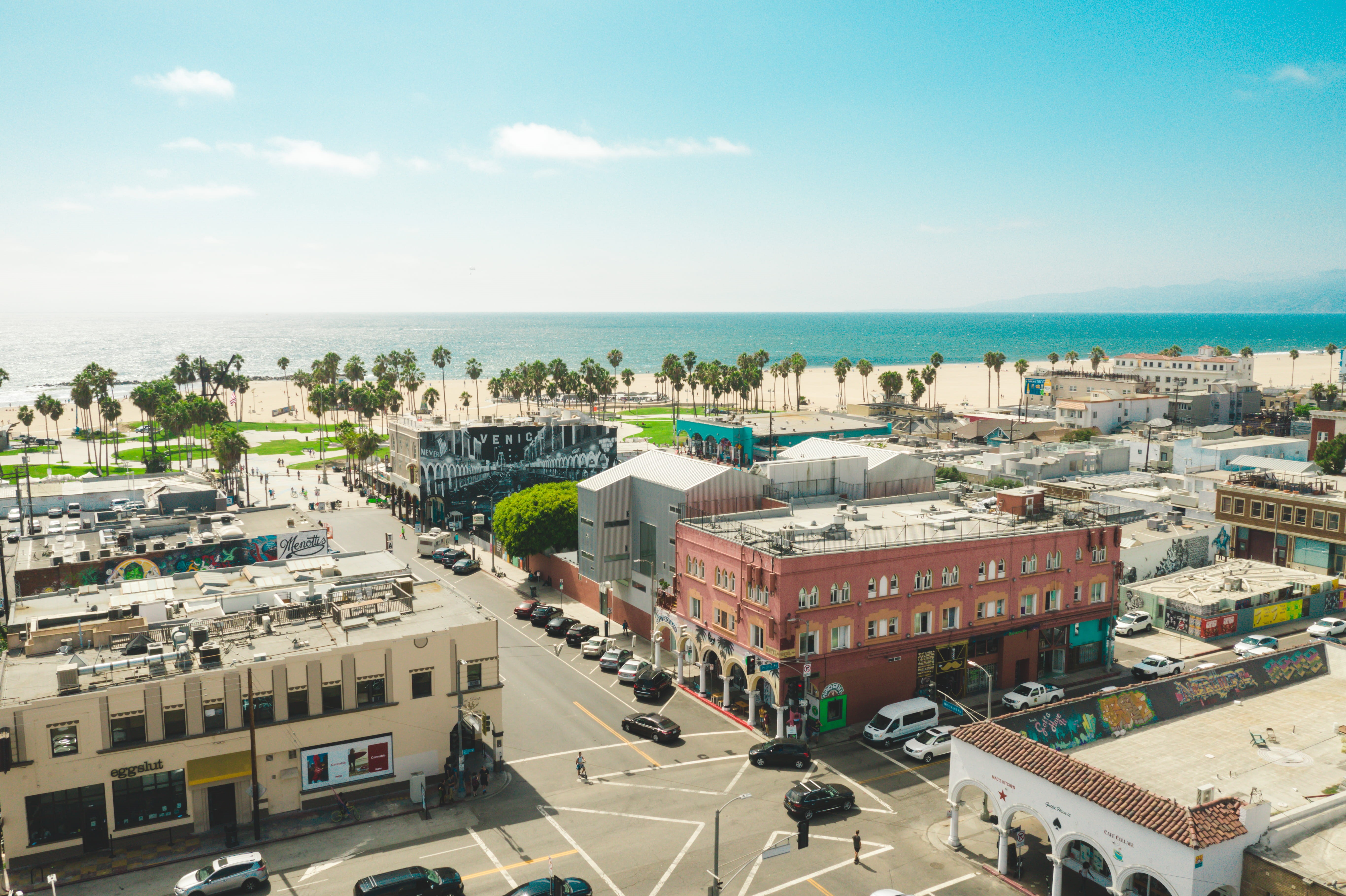 high angle view, urban, landscape, outdoors, town, los angeles, aerial view, horizon, nature, water, sunlight, road, horizon over water, sea, transportation, HD Wallpaper