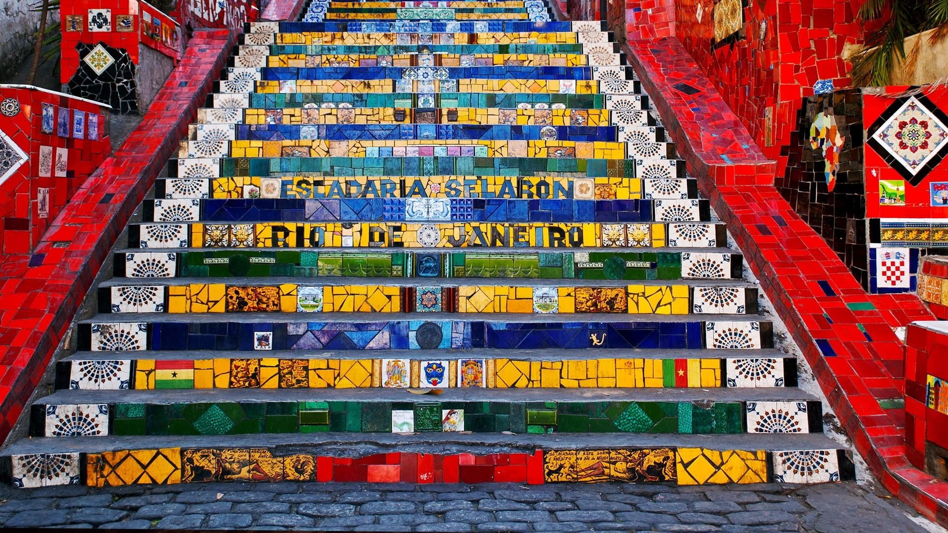 brazil, built structure, religion, outdoors, no people, text, high angle view, building exterior, belief, colorful, 1080P, arrangement, selaron, day, stairs, HD Wallpaper