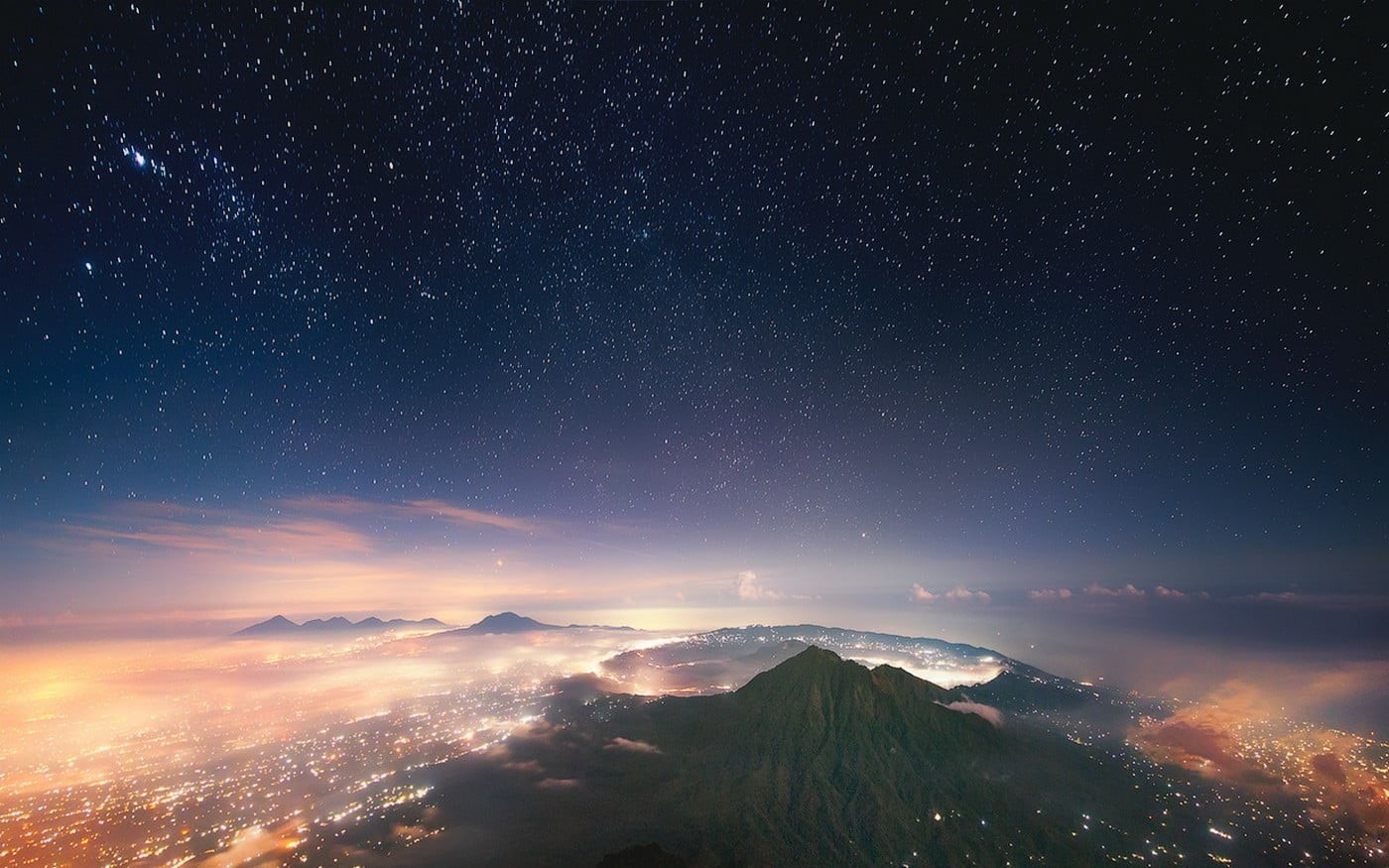 starry night, mist, snowcapped mountain, night, milky way, mountain, beauty in nature, star - space, nature, 720P, mountains, star, no people, city, tranquil scene, HD Wallpaper
