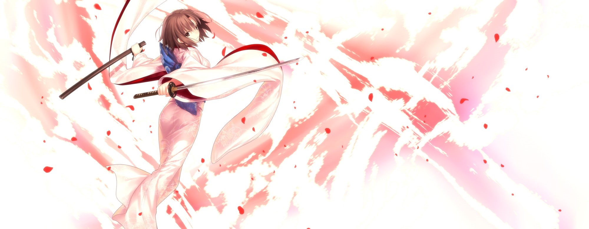 Ryougi Shiki, young adult, fragility, anime girls, cherry blossom, flowering plant, pink color, flower, white background, indoors, springtime, women, 1080P, HD Wallpaper
