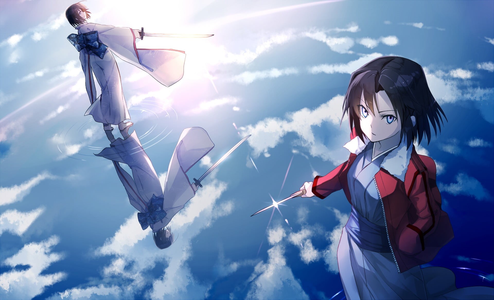lifestyles, sunlight, cloud - sky, nature, anime girls, Ryougi Shiki, childhood, sky, arms raised, outdoors, digital composite, blue, child, two people, HD Wallpaper