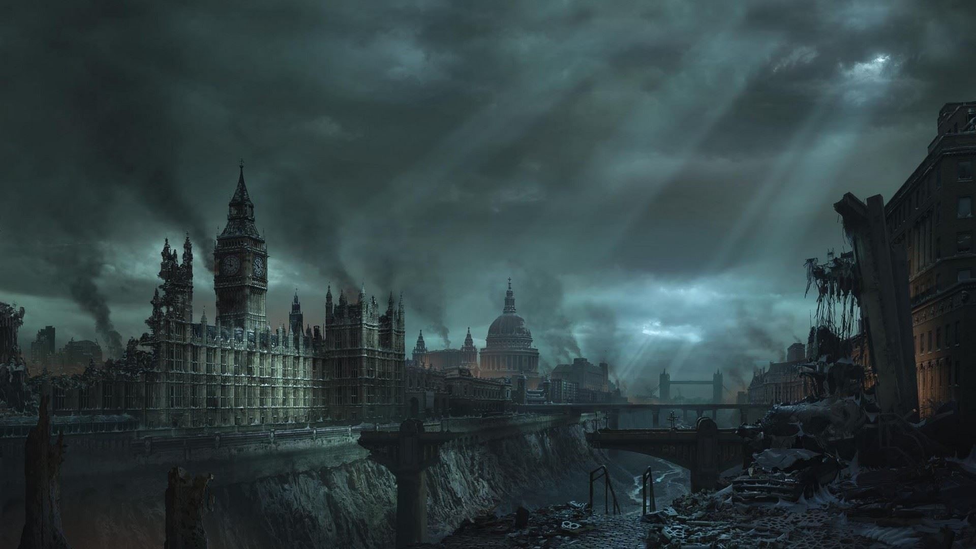 dark, sky, travel destinations, city, outdoors, cloud - sky, video games, apocalyptic, nature, built structure, water, Big Ben, religion, Hellgate: London, HD Wallpaper