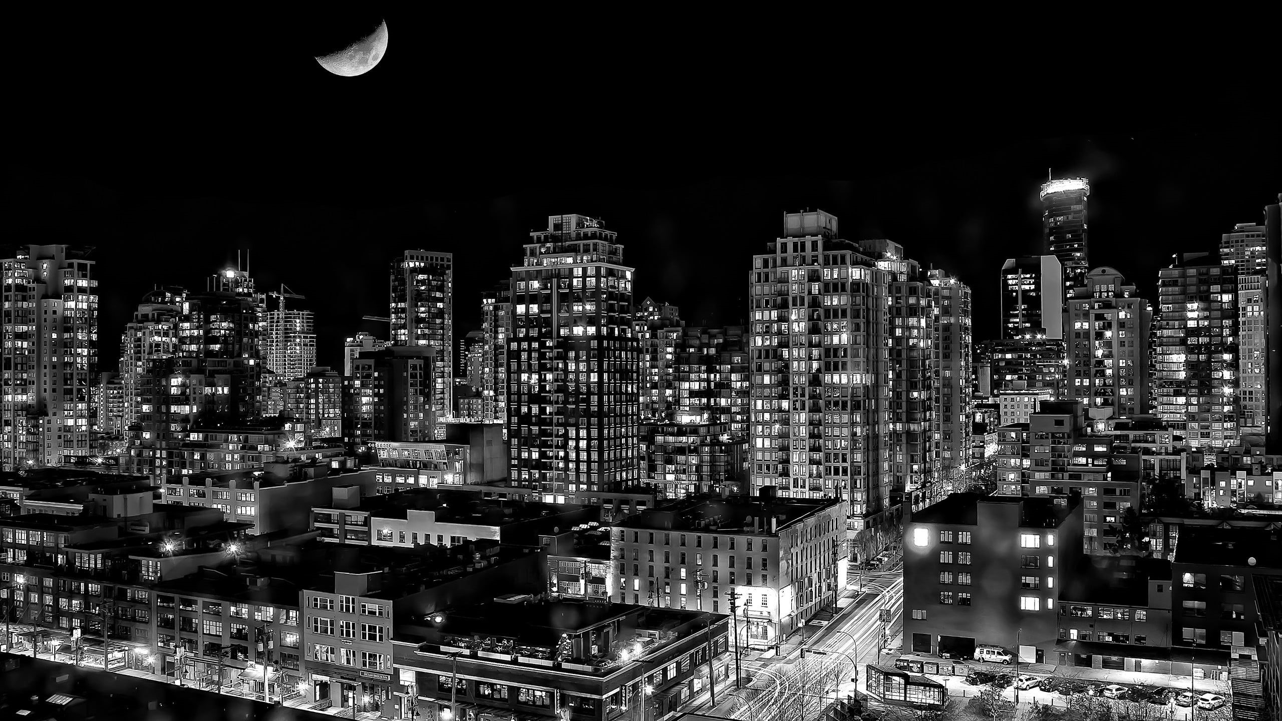 office building exterior, Moon, tall - high, British Columbia, sky, residential district, Vancouver, night, financial district, black, settlement, white, HD Wallpaper