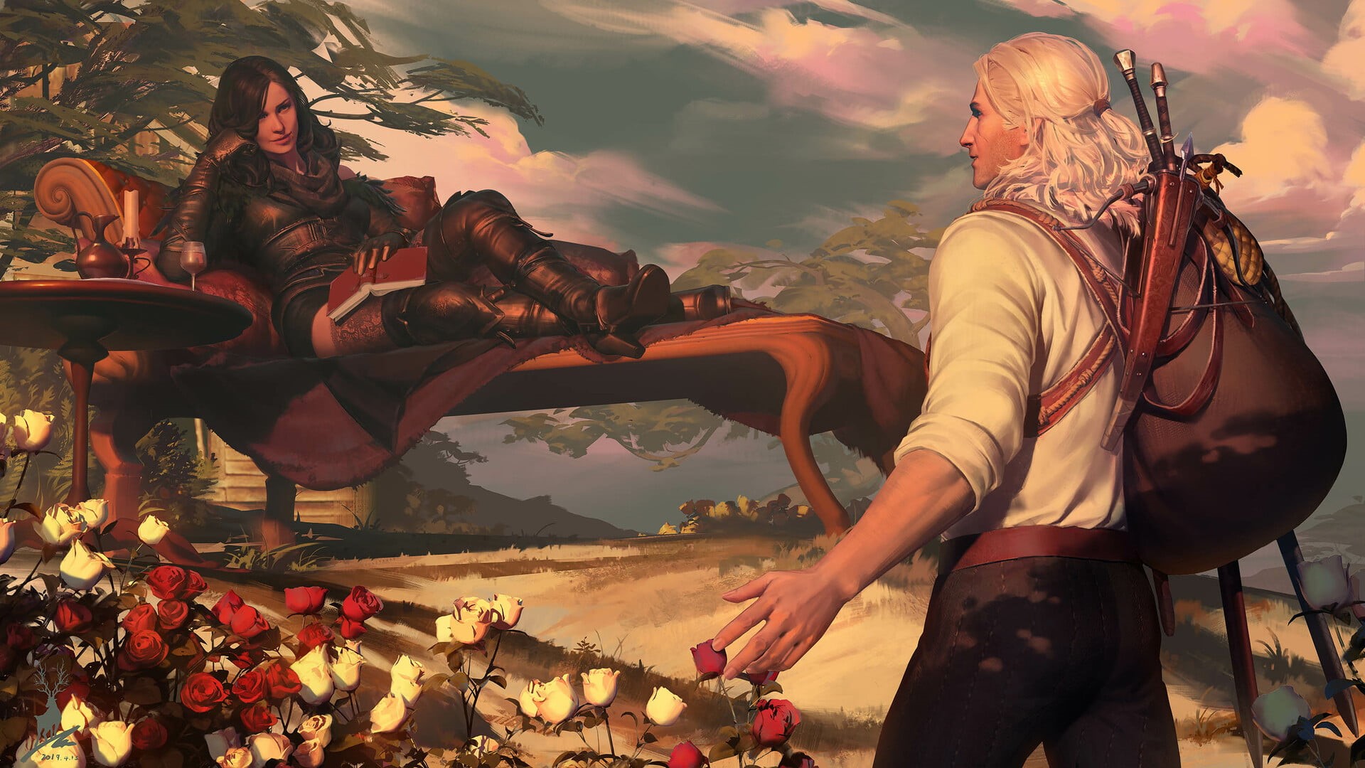 The Witcher 3: Wild Hunt, men, roses, digital art, video games, Geralt of Rivia, women, The Witcher, black hair, 1080P, ilustration, Yennefer of Vengerberg, HD Wallpaper