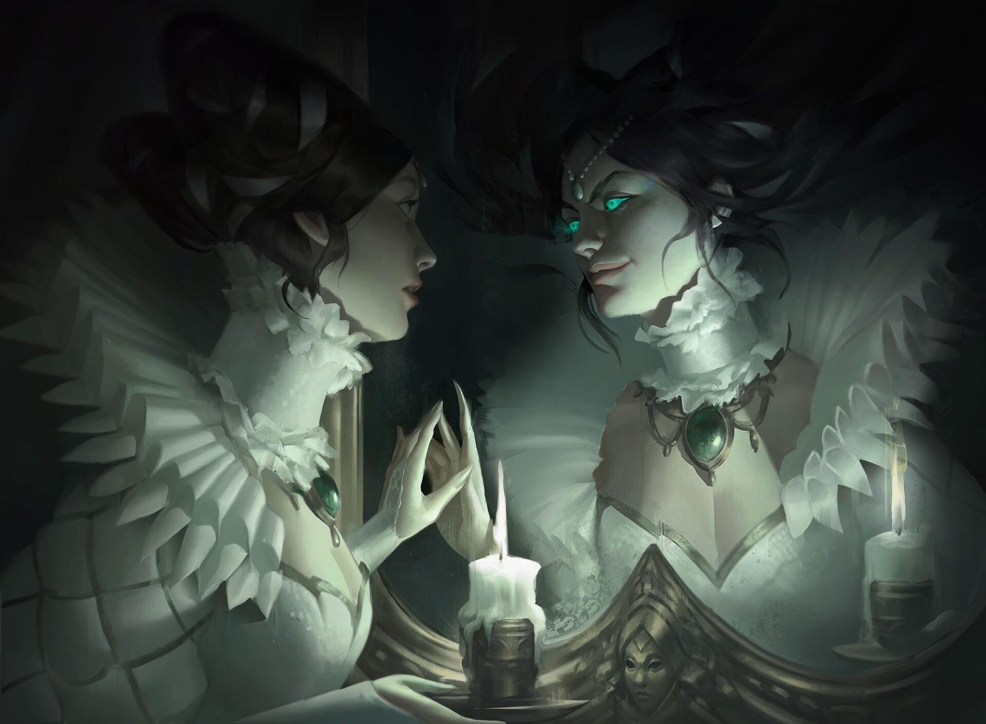 nails, necklace, pearl necklace, ArtStation, black hair, mirror, Marie Magny, fan art, candle holder, dark hair, fingers, white clothing, grin, artwork, HD Wallpaper