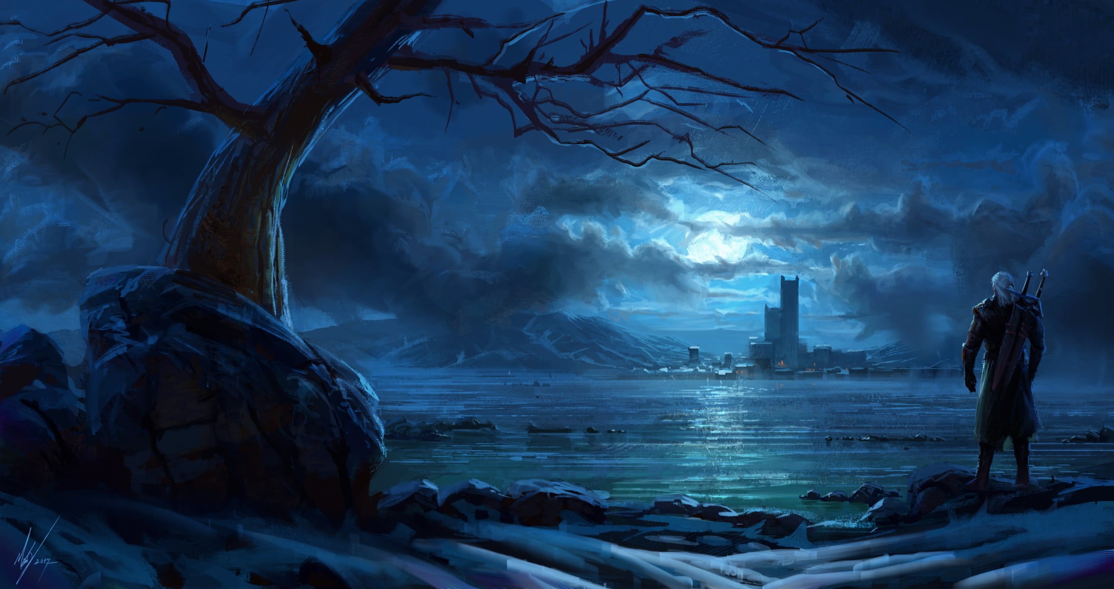 video game characters, alone, Michal Kus, snow, The Witcher 3: Wild Hunt, snow covered, video game art, landscape, white hair, digital art, digital painting, HD Wallpaper