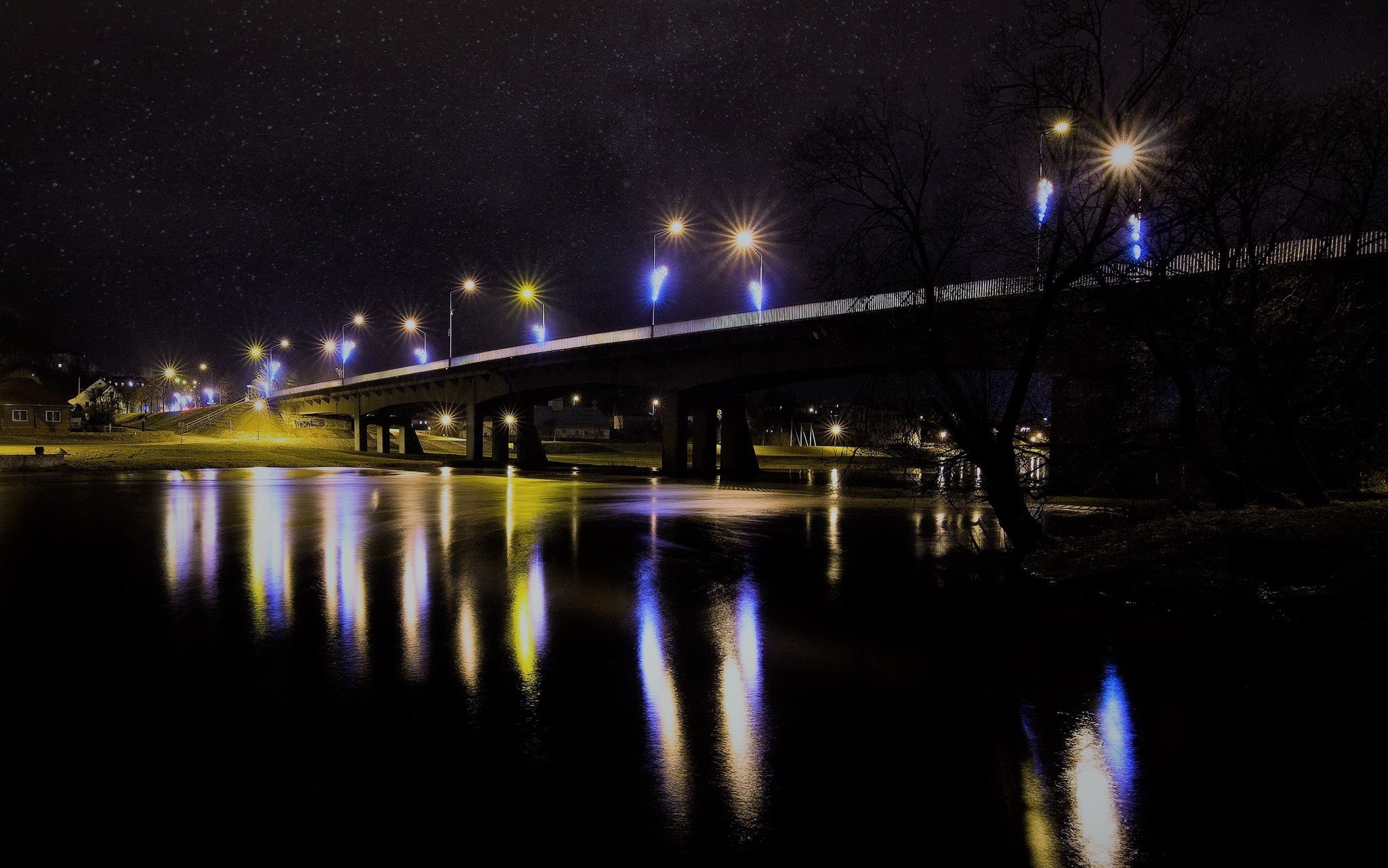 sky, built structure, reflection, bridge, water, lighting equipment, river, connection, no people, street light, dark, transportation, moon rays moonlight, HD Wallpaper