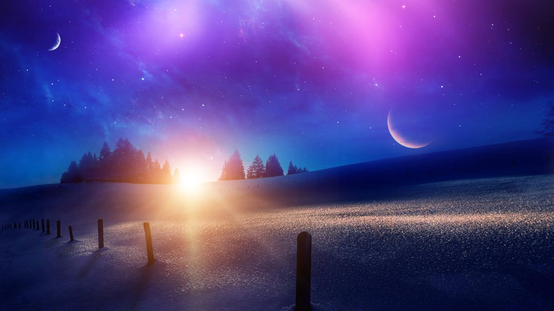 planet, universe, space, Moon, stars, 1080P, night sky, purple background, sun rays, landscape, HD Wallpaper