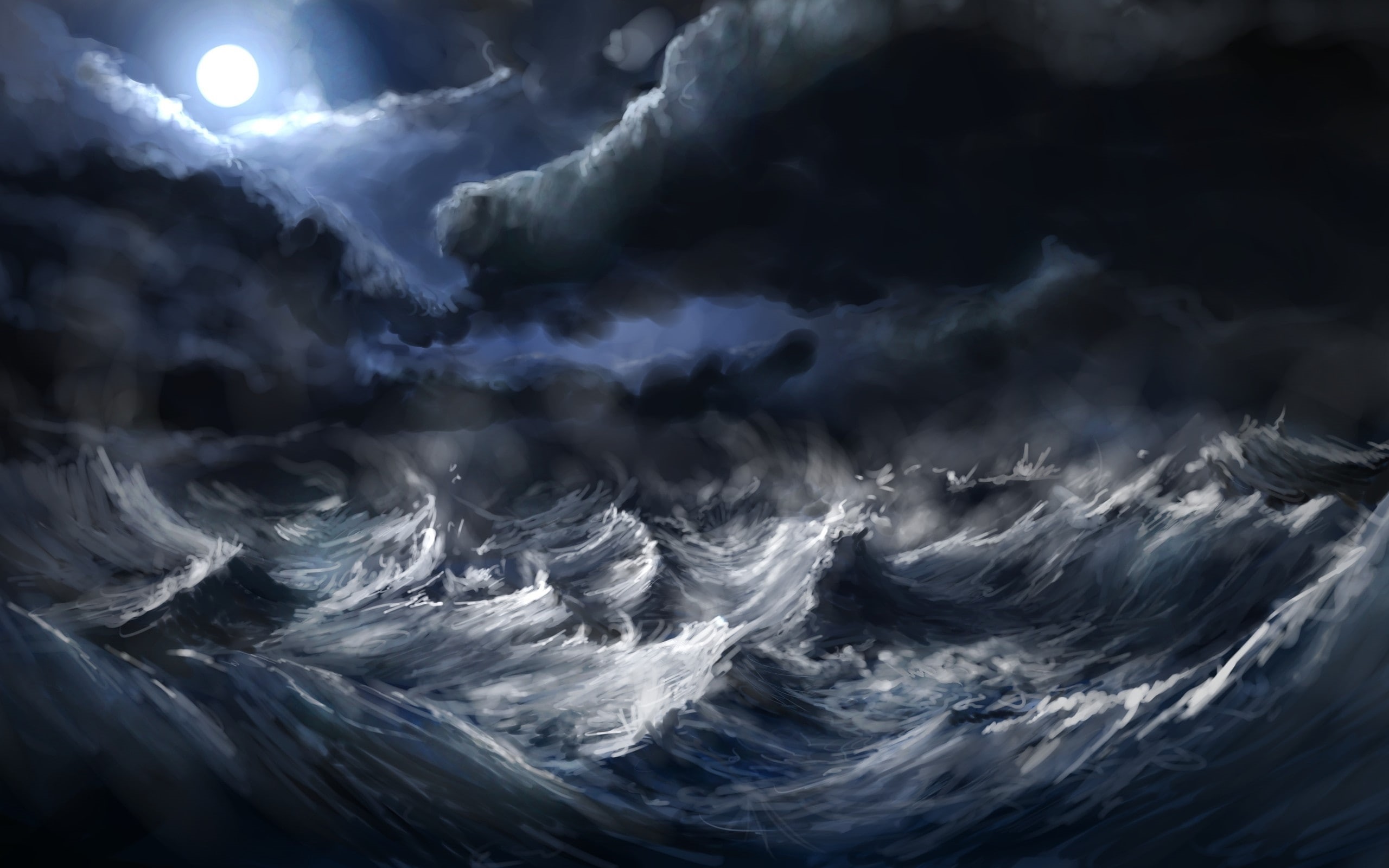 storm, nature, landscape, deviantart, waves, painting, 2K, Moon Rays, sea, artwork, Alex Linde, Moon, digital art, clouds, HD Wallpaper