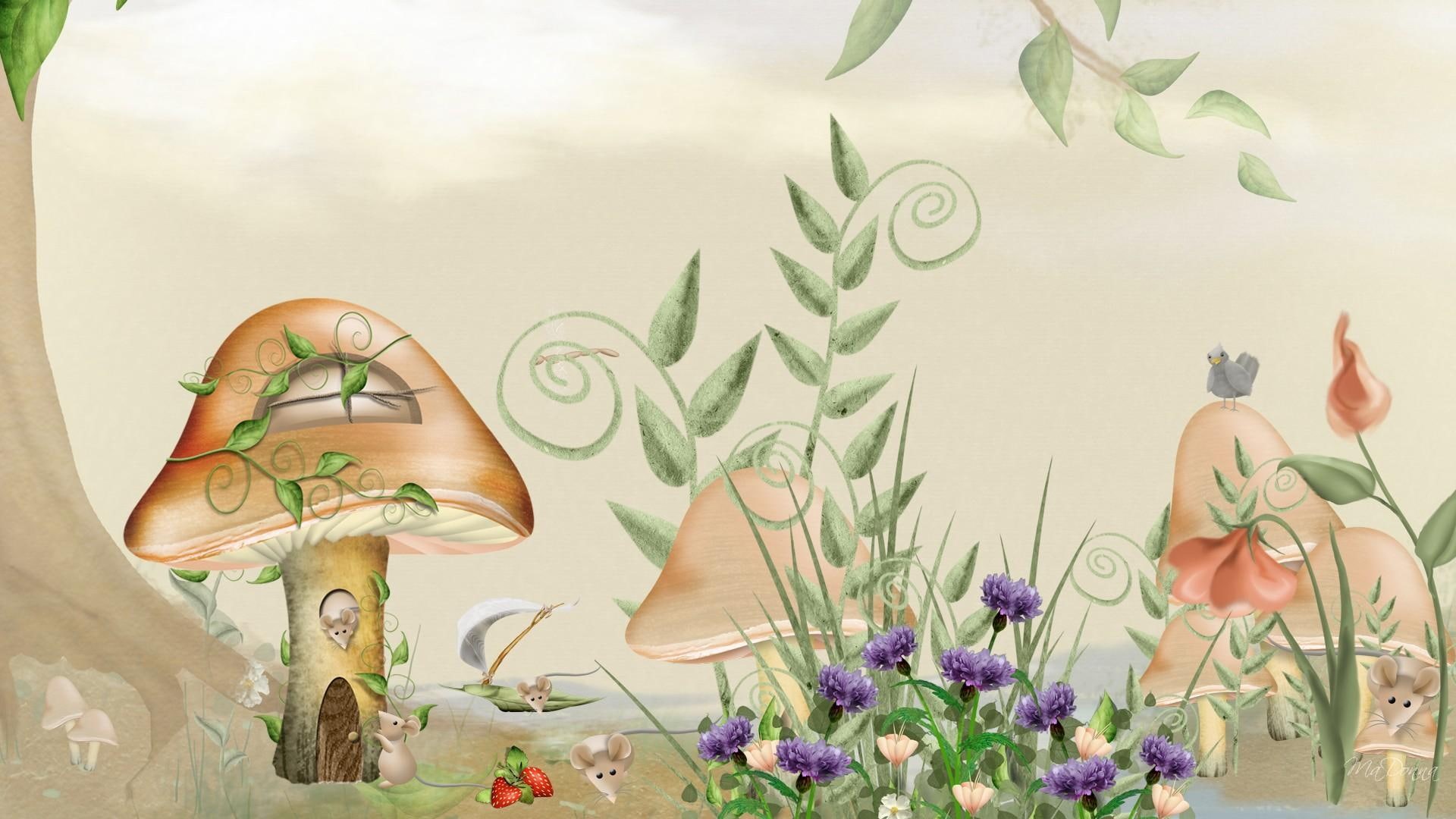 mouse, fairy, mushrooms, firefox persona, flowers, tree, tale, magical, mice, 1080P, whimsical, mystical, strawberries, l, HD Wallpaper