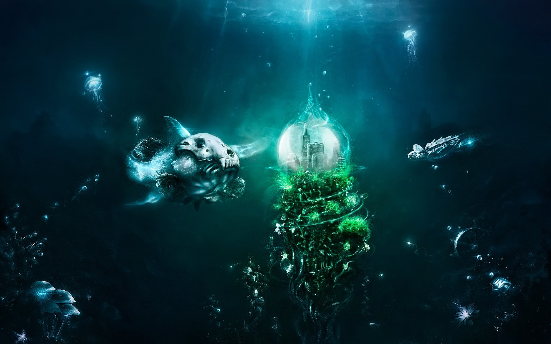 aquatic sport, nature, animal themes, Mushrooms, underwater, turtle, animal wildlife, water, swimming, skulls, scuba diving, adventure, animals in the wild, HD Wallpaper