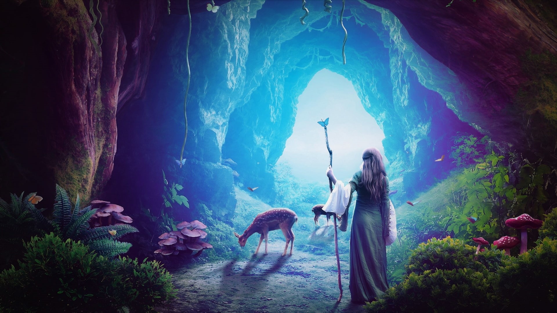 Doe, Artistic, Plant, Magic, Deer, Staff, Women, Woman, Girl, Mushroom, Fantasy, 1080P, HD Wallpaper