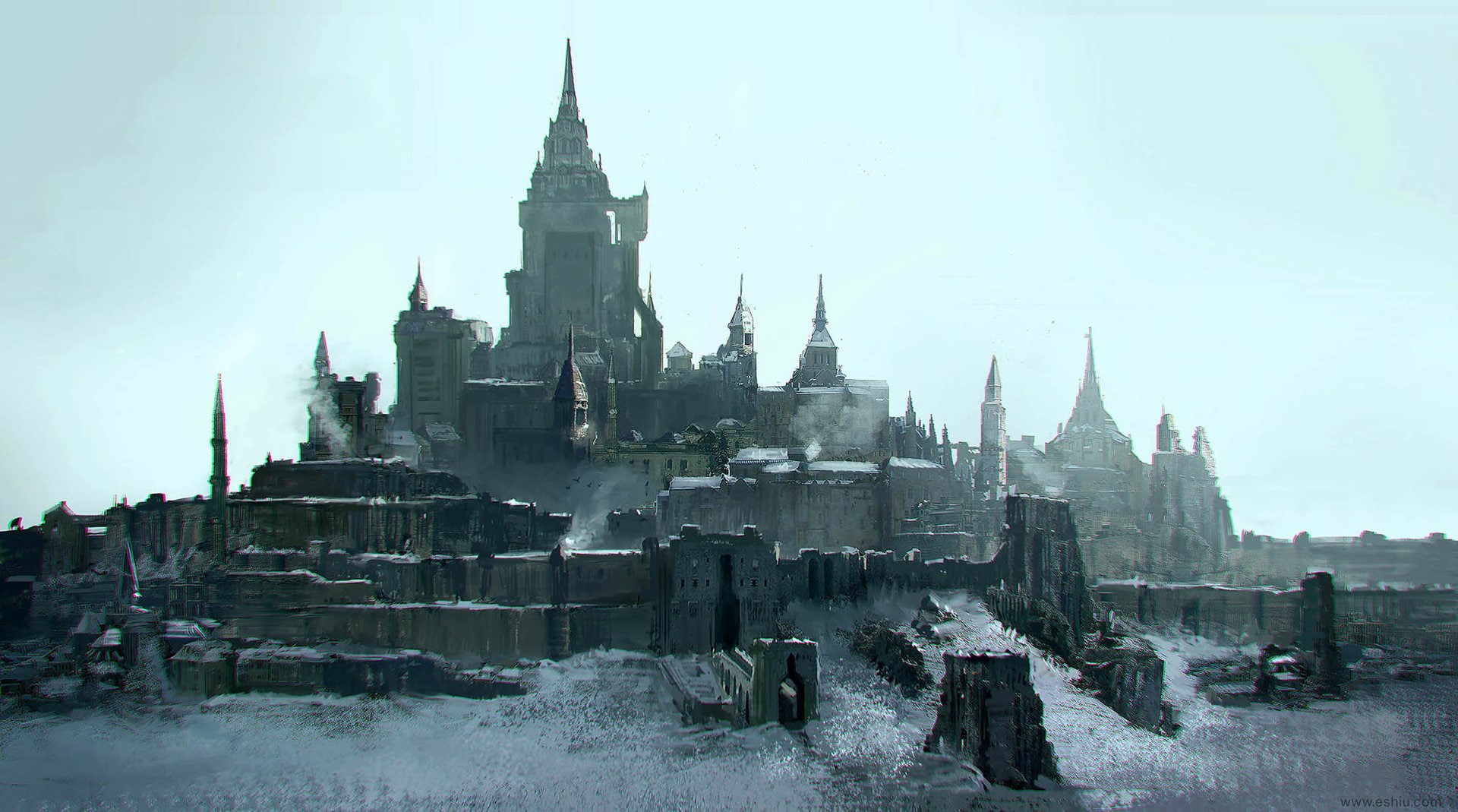 1080P, fantasy art, snow, castle, city, architecture, fantasy city, HD Wallpaper