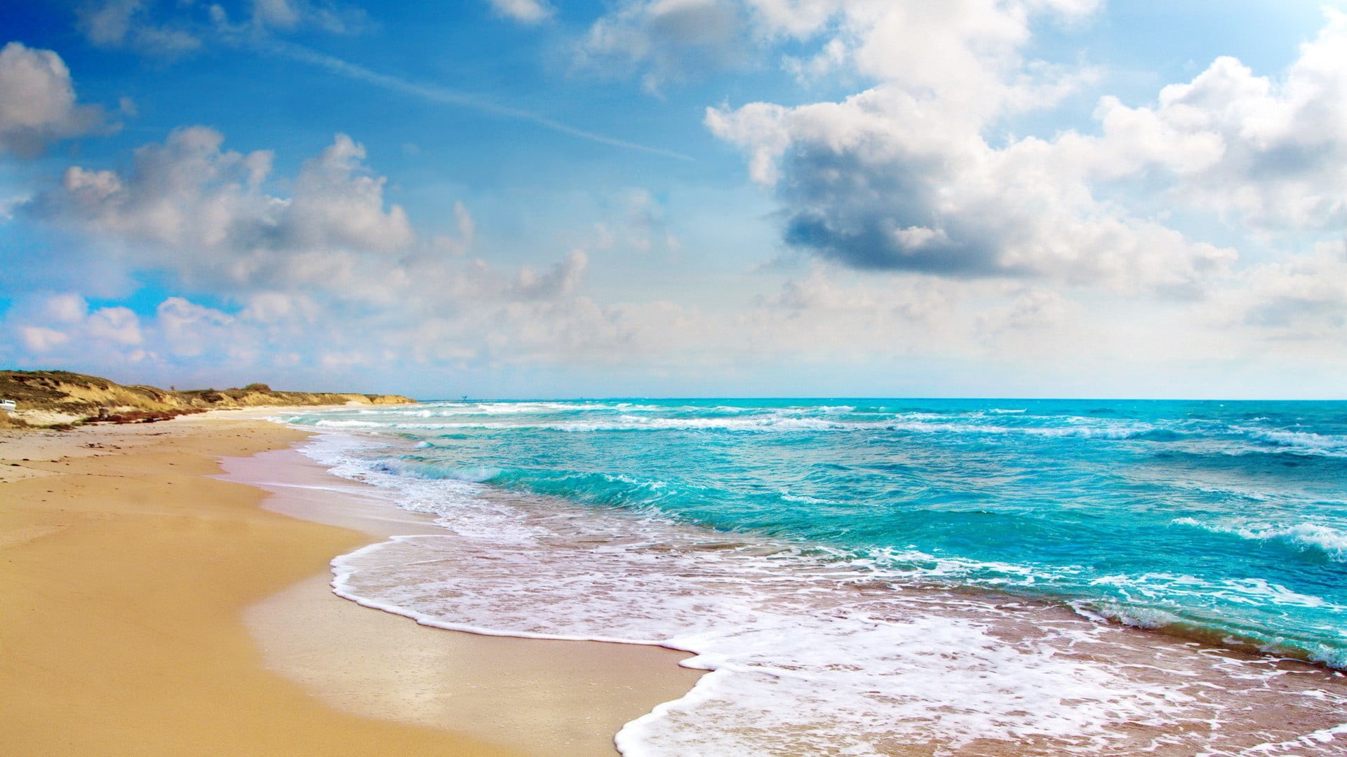 cloud - sky, land, travel destinations, tranquility, beach, wave, clouds, nature, lagoon, outdoors, turquoise colored, sand, motion, water, tranquil scene, HD Wallpaper