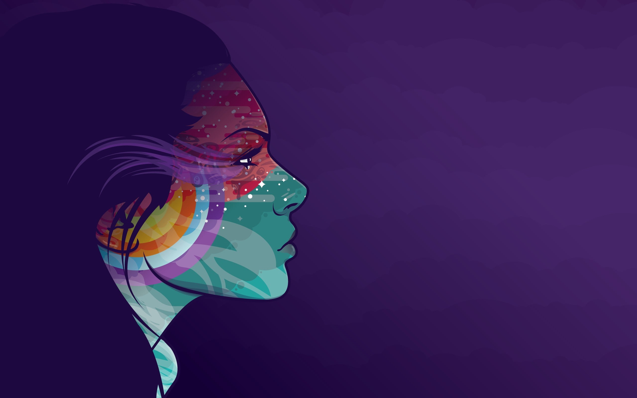 artwork, simple background, colorful, face, abstract, women, side view, purple background, Jared Nickerson, 2K, vector, profile, HD Wallpaper