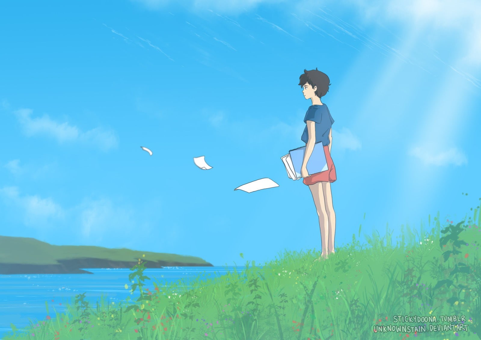 sunlight, standing, sky, land, blue, one person, plant, young adult, When Marnie Was There, day, anime girls, lifestyles, river, grass, full length, clear sky, HD Wallpaper