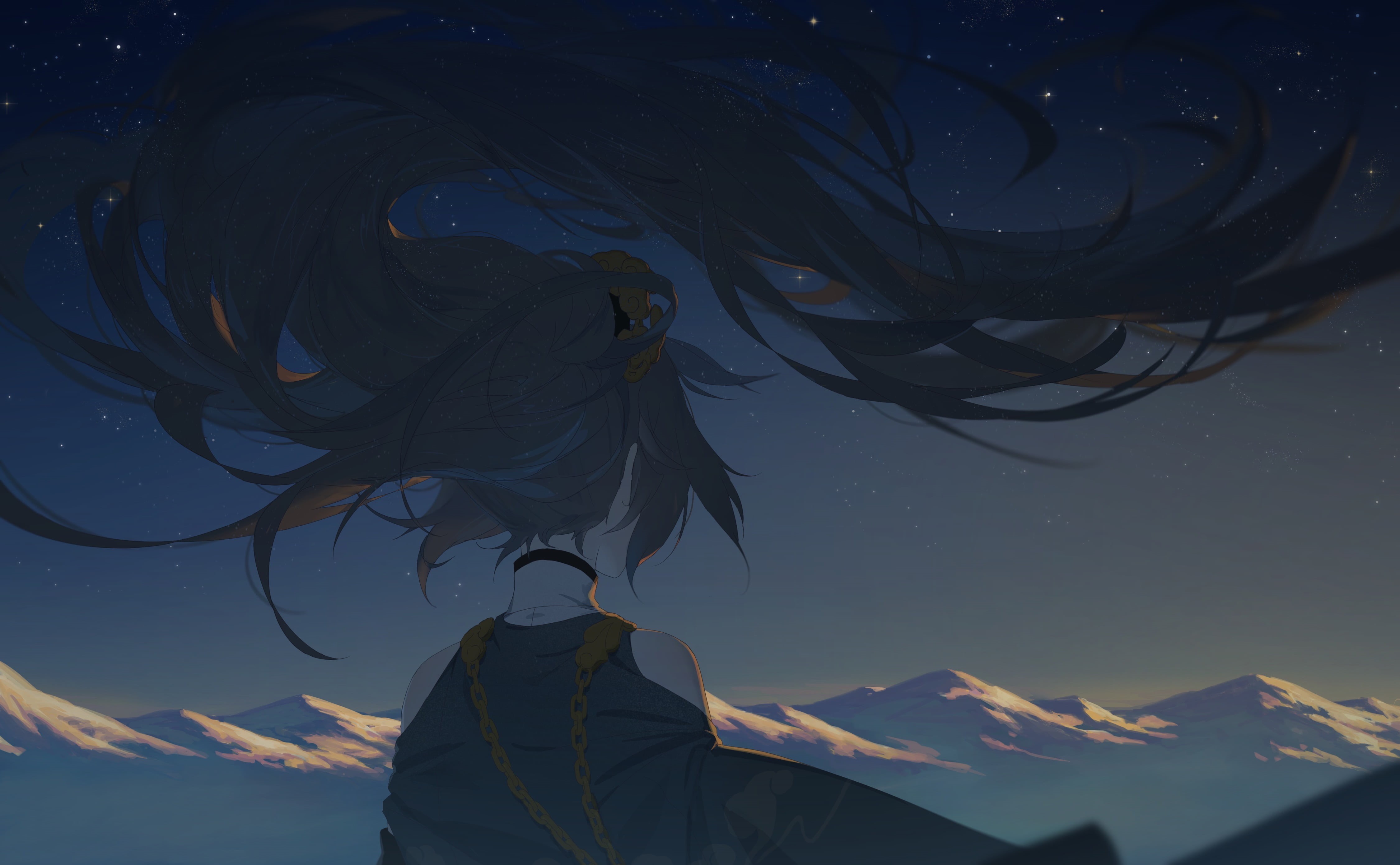 anime, stars, mountains, Fu Hua, long hair, Honkai Impact, chains, anime girls, sunset, 4K, HD Wallpaper