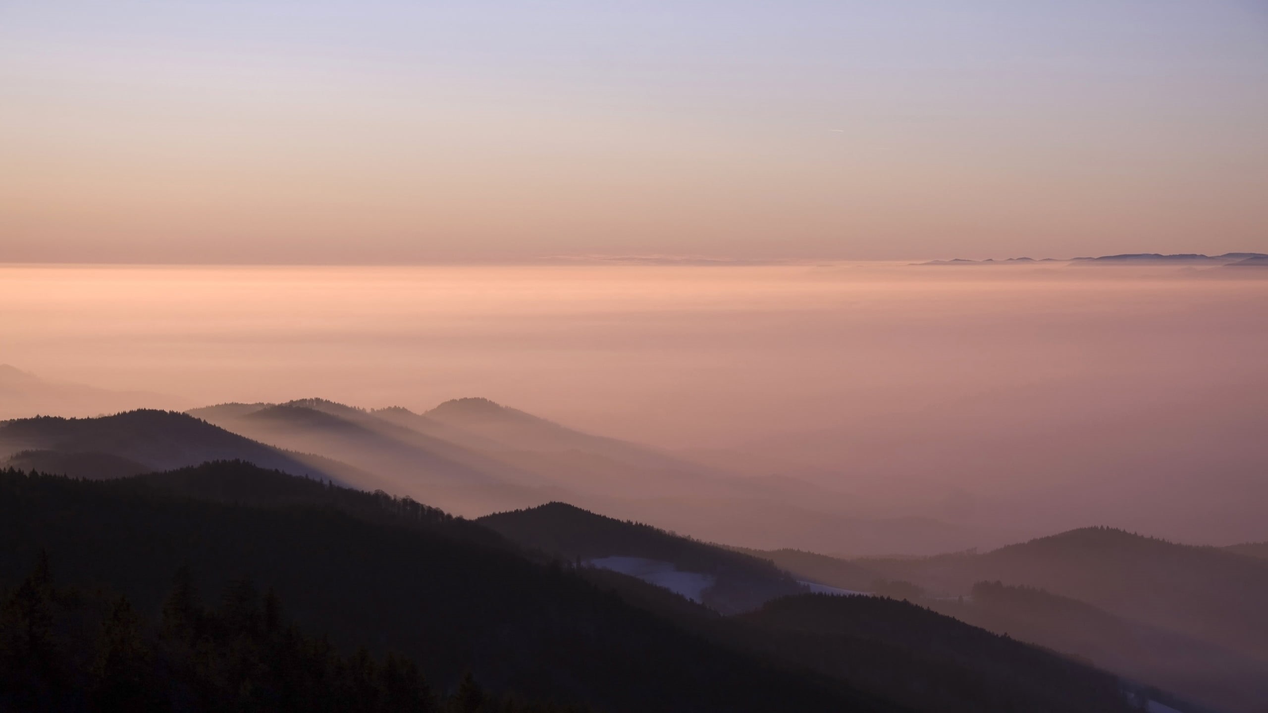 mountain chain, fog, remote, outdoors, white, mattress, tranquil scene, black, beauty in nature, sunset, mountain, environment, majestic, orange color, HD Wallpaper