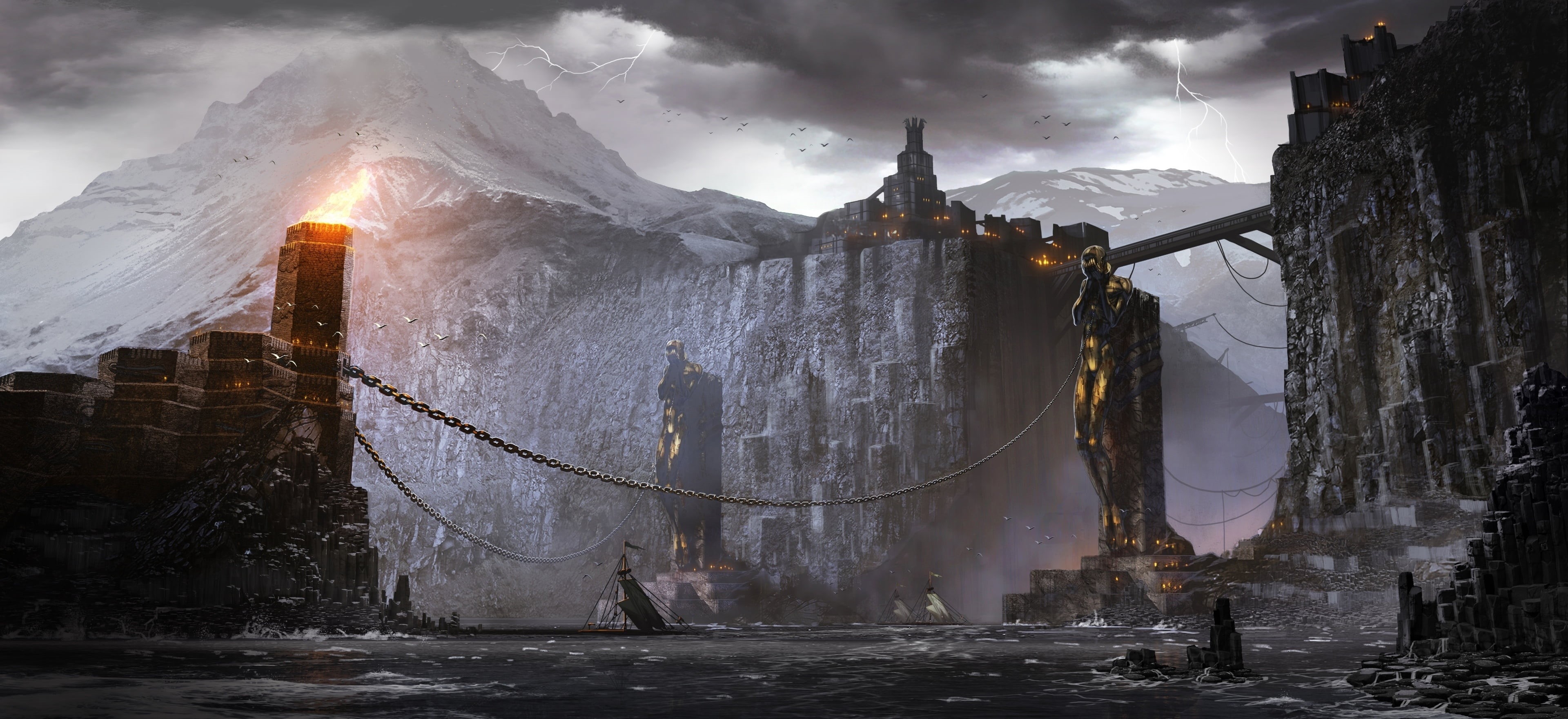 history, europe, night, outdoors, fog, accidents and disasters, spooky, town, danger, the storm, ships, building, city, horror, water, cold temperature, HD Wallpaper