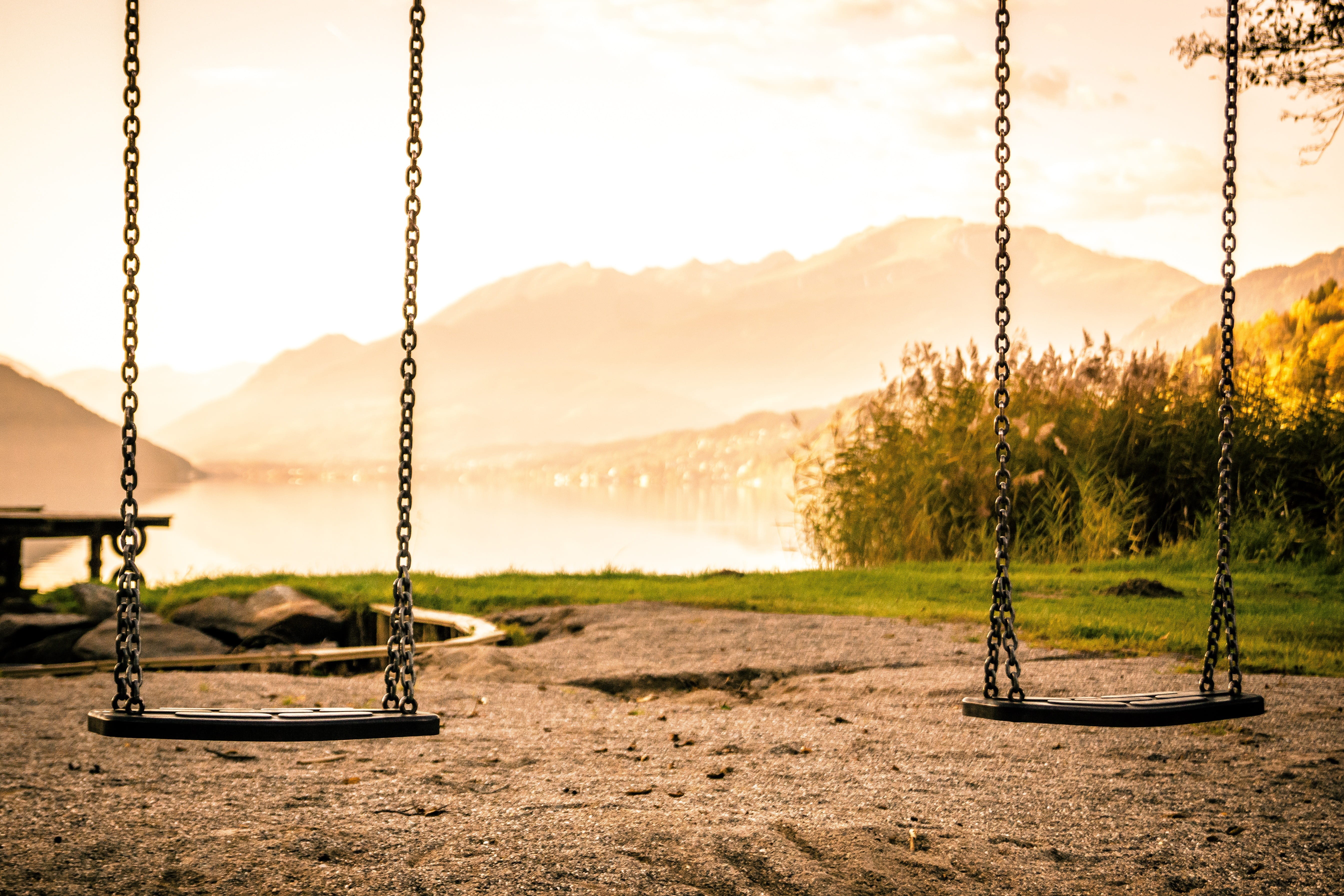 land, playground, steel, black, sky, outdoor play equipment, outdoors, mountain, day, rope, sunset, swing, environment, chain, childrens playground, swing device, HD Wallpaper