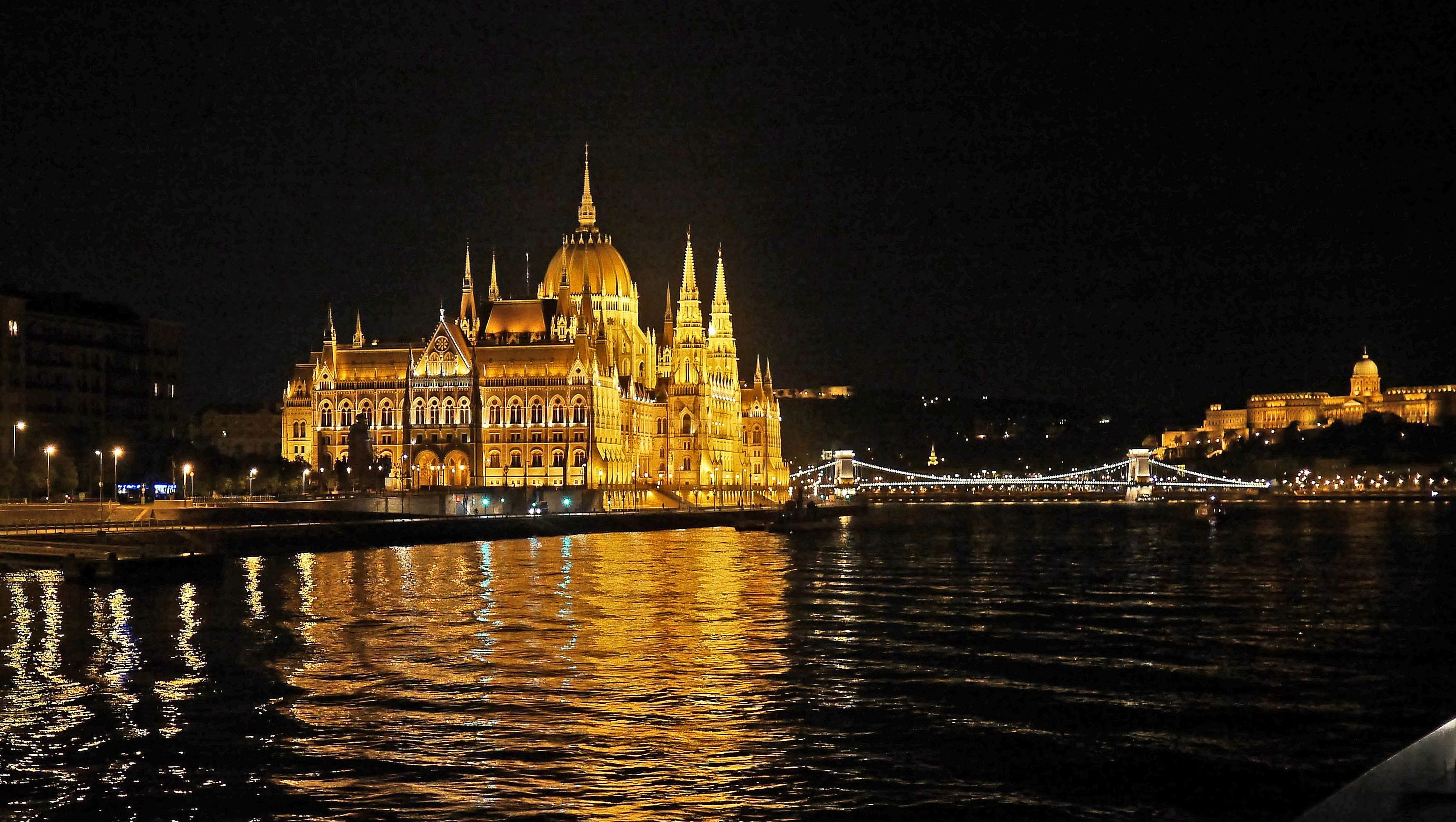 night, building exterior, photo from the moving ship, golden, impressive, houses of parliament, nature, night lighting, 2K, tourism, no people, budapest at night, HD Wallpaper