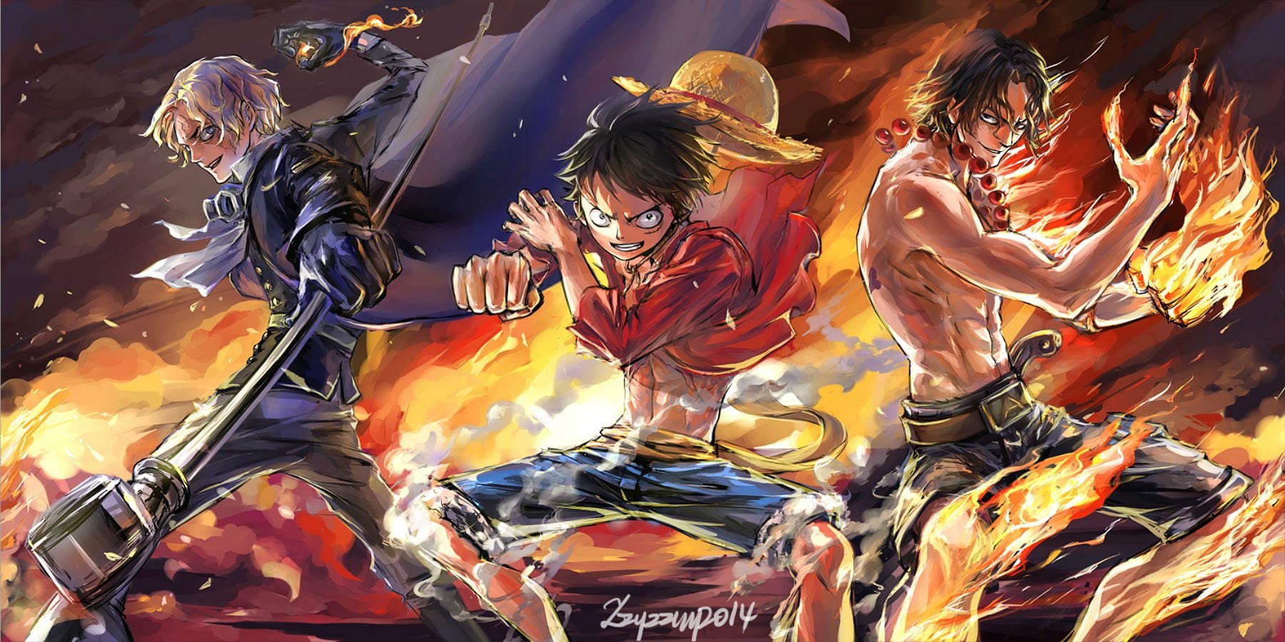 Monkey D. Luffy, Portgas D. Ace, 720P, artwork, One Piece, Sabo, HD Wallpaper