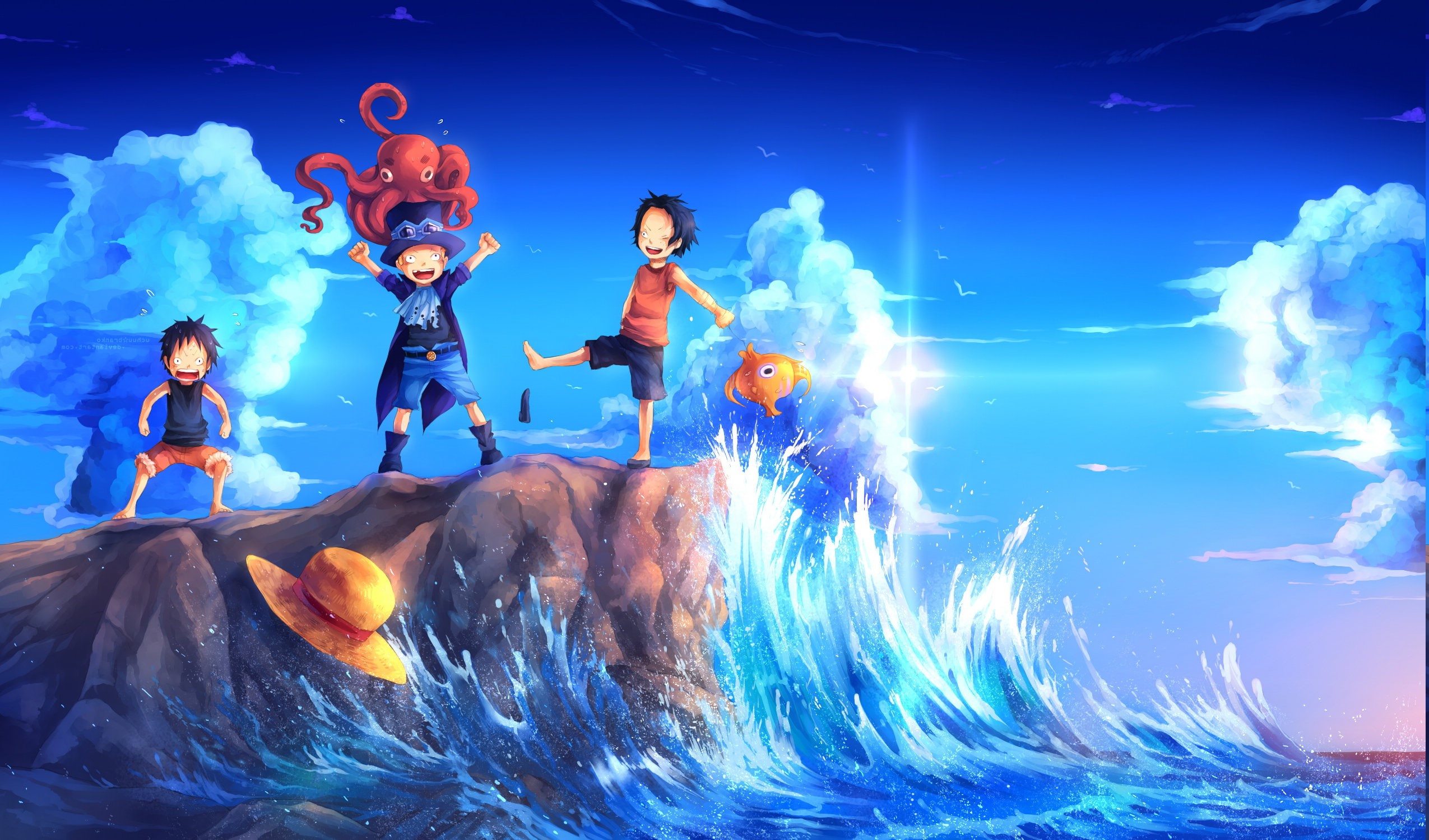 full length, people, 1080P, illuminated, real people, One Piece, rock, sky, Monkey D. Luffy, women, animal wildlife, men, group of people, waves, Sabo, HD Wallpaper