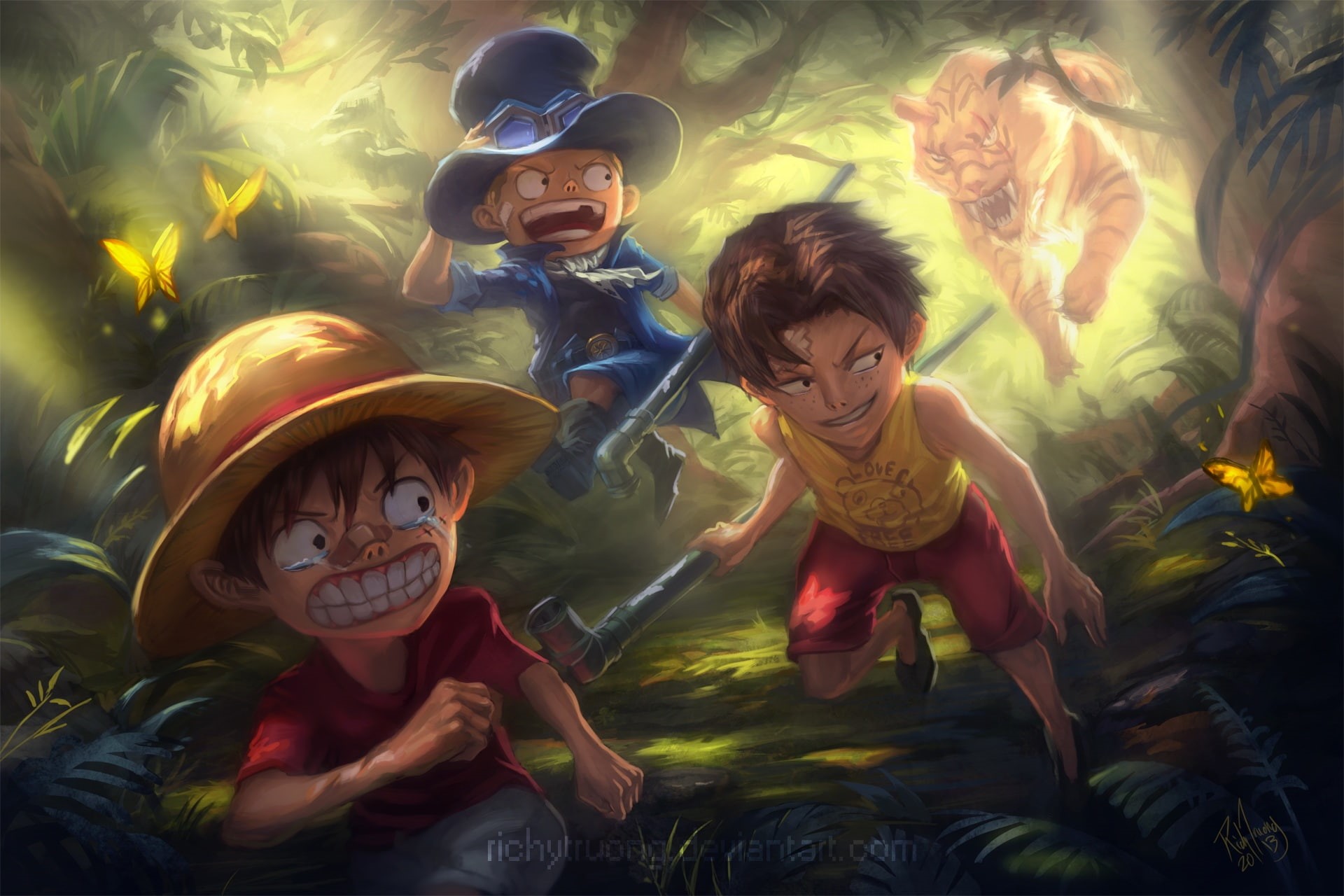 1080P, forest, sabo, hair, truong, short, blonde, piece, goggles, richy, butterfly, bandaid, ace, black, tiger, hat, watermark, animal, tears, portgas, HD Wallpaper