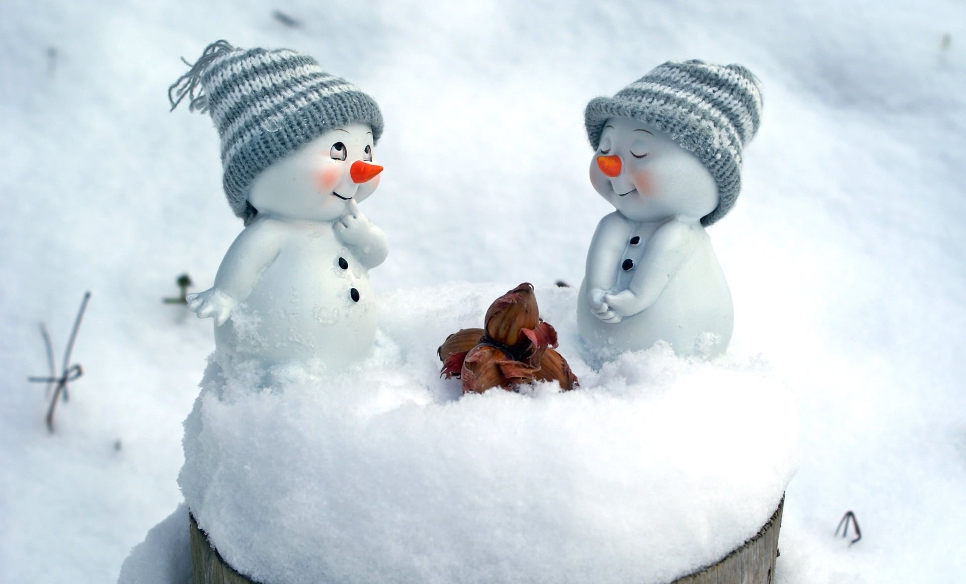 white, human representation, holiday, blue, winter, hat, knit hat, scarf, two, covering, no people, snow, male likeness, warm clothing, toy, close-up, backgrounds, HD Wallpaper
