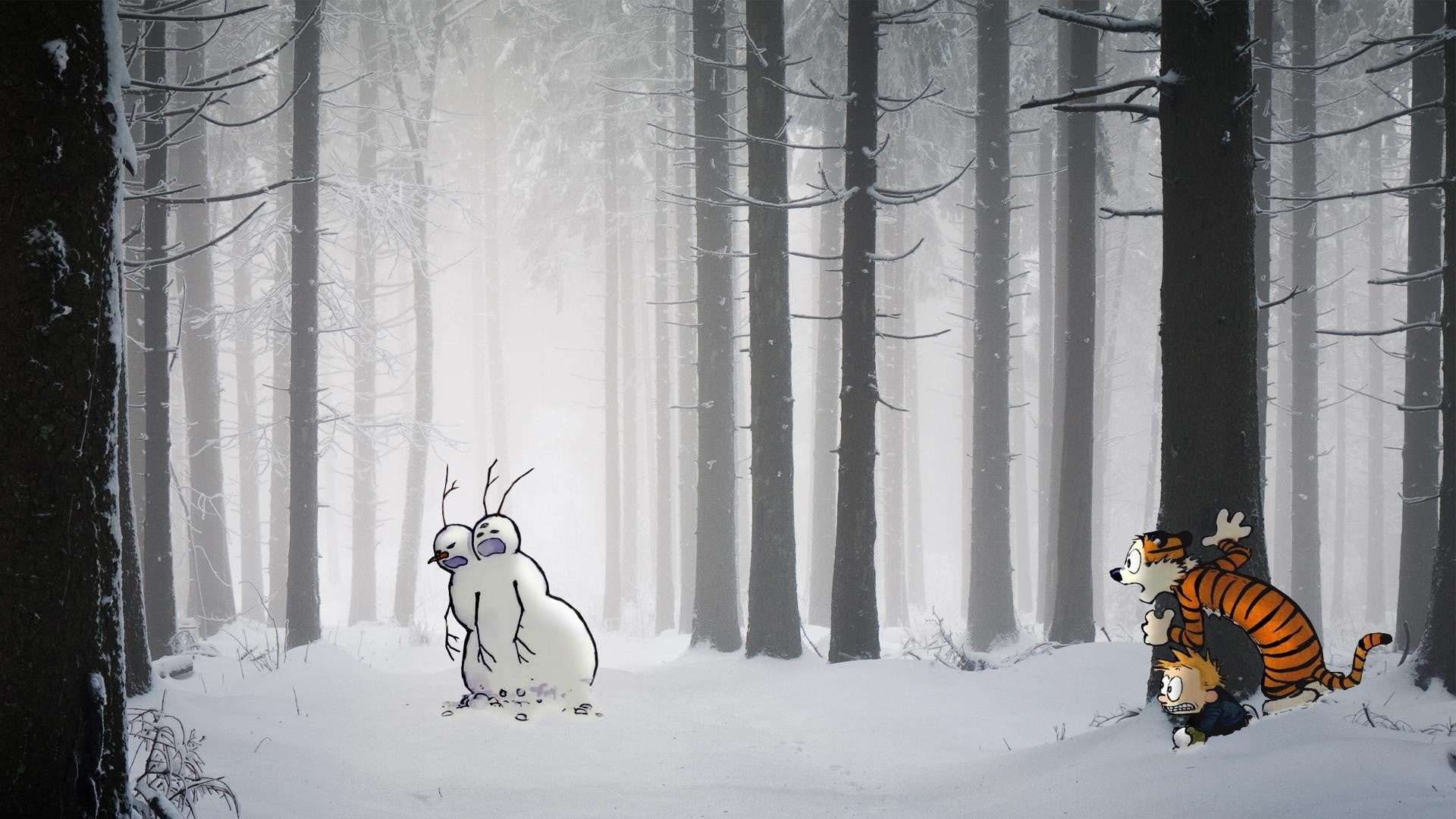 Calvin and Hobbes, snowman, 1080P, HD Wallpaper