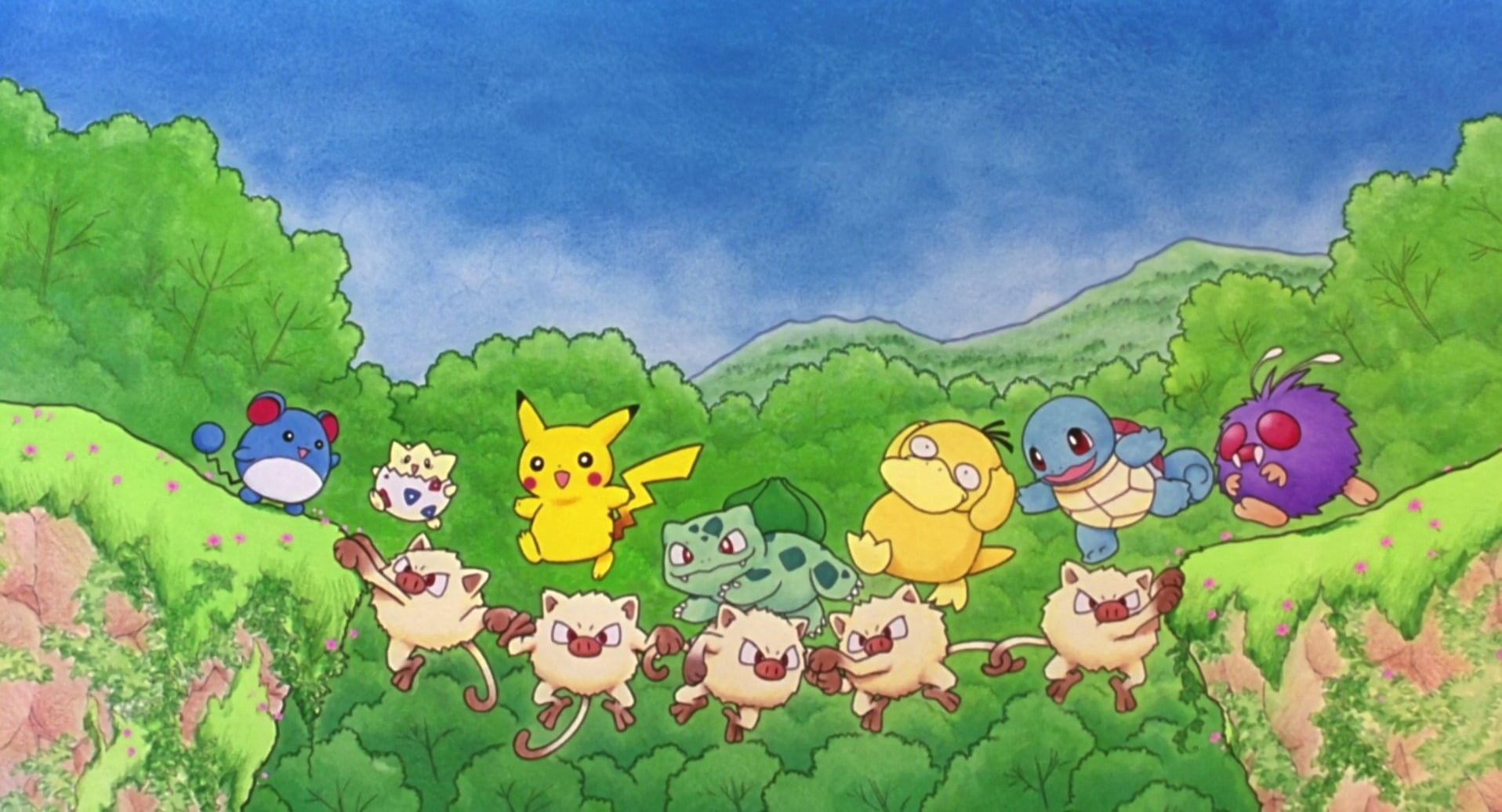 mammal, cloud - sky, freshness, art and craft, creativity, Bulbasaur (Pokémon), animal themes, Pikachu, Squirtle (Pokémon), 720P, digital composite, grass, HD Wallpaper