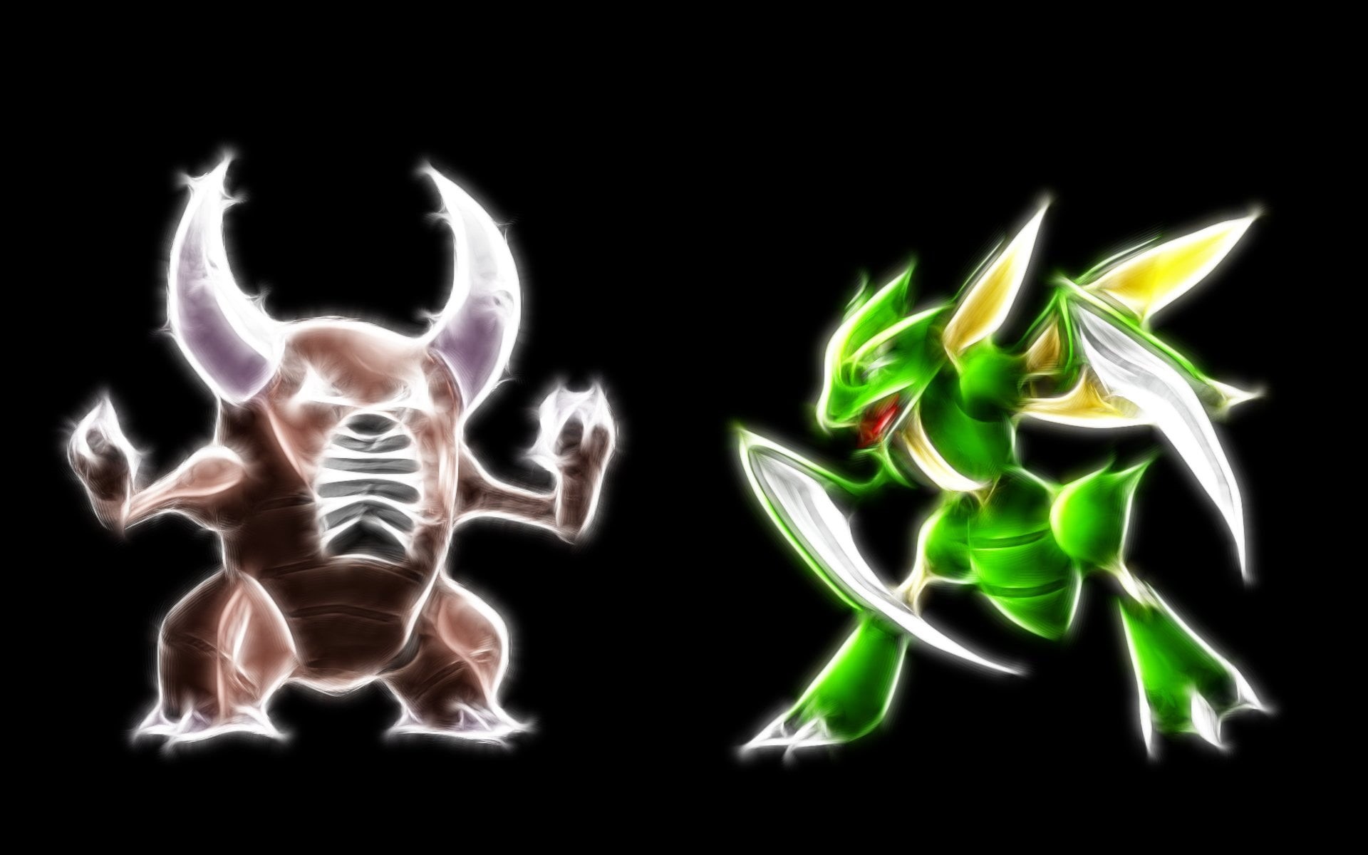no people, black background, illuminated, two, pokemon, panoramic, pattern, 1080P, close-up, characters, motion, burning, indoors, night, Pinsir (Pokémon), HD Wallpaper