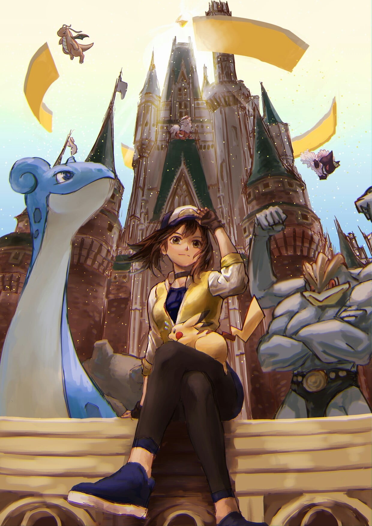 religion, representation, Dragonite, emotion, nature, brunette, smiling, sculpture, outdoors, sitting, built structure, one person, Pokémon trainers, Pikachu, Phone HD Wallpaper